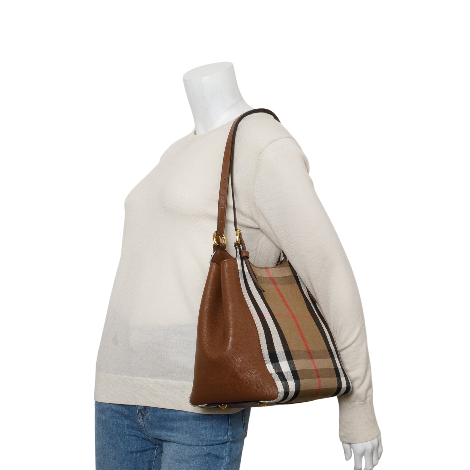 Burberry Brown Grainy Calfskin House Check Small Canterbury Tote