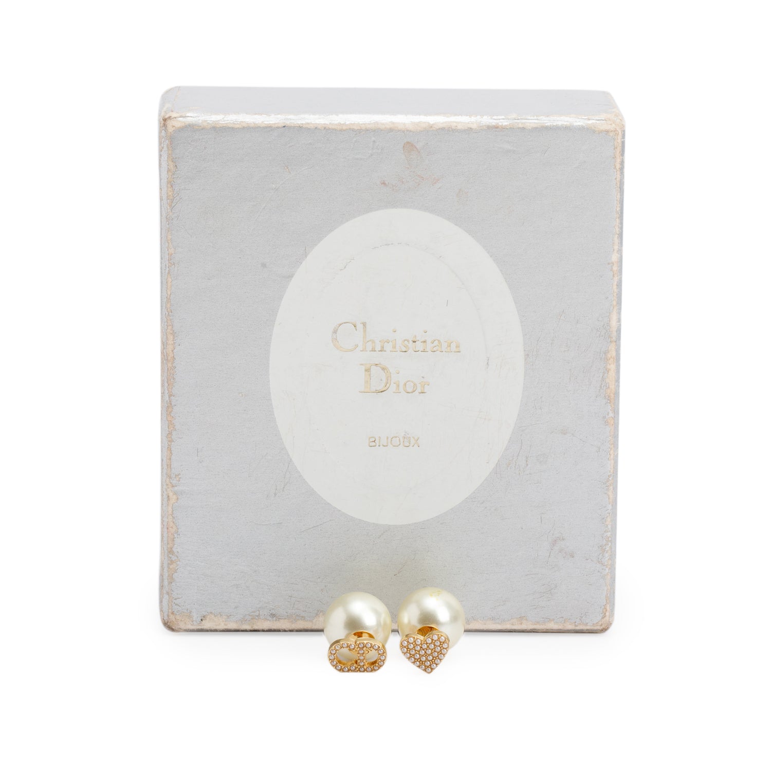 Christian Dior Antique Gold-Tone Metal Faux Pearl CD Heart Tribales Earrings w/ Box