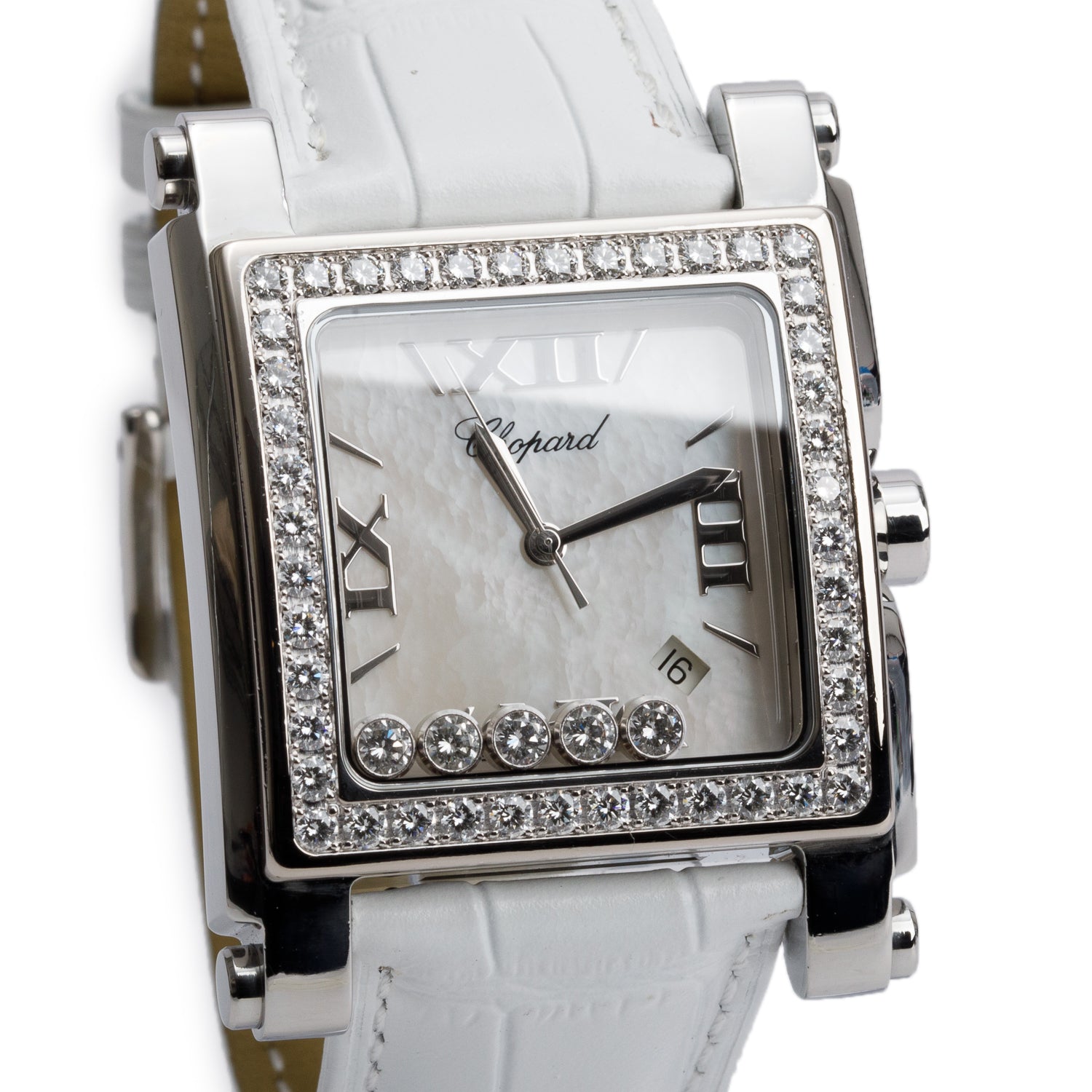 Chopard Stainless Steel Diamond Bezel Happy Sport Square 35 MM Quartz Watch Diamond Mother of Pearl Dial