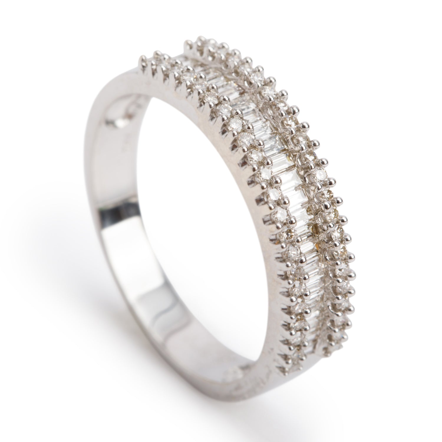 18k White Gold Three Row Diamond Band Ring, Size 8