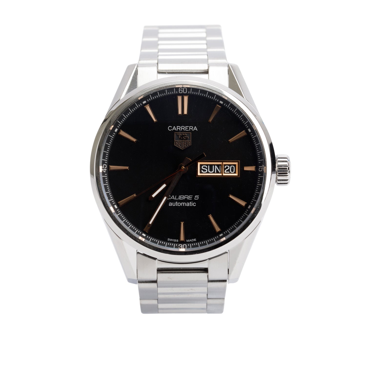 Tag Heuer Stainless Steel Blue Dial Carrera Day Date Calibre 5 41 MM Automatic Watch Black Dial WAR201C-1