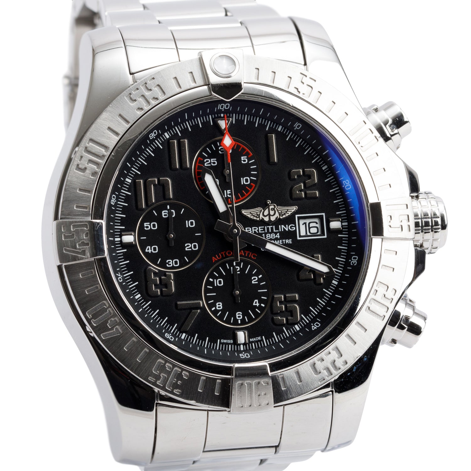Breitling Stainless Steel Super Avenger II 48 MM Automatic Chronograph Watch Black Dial A13371 w/ Box