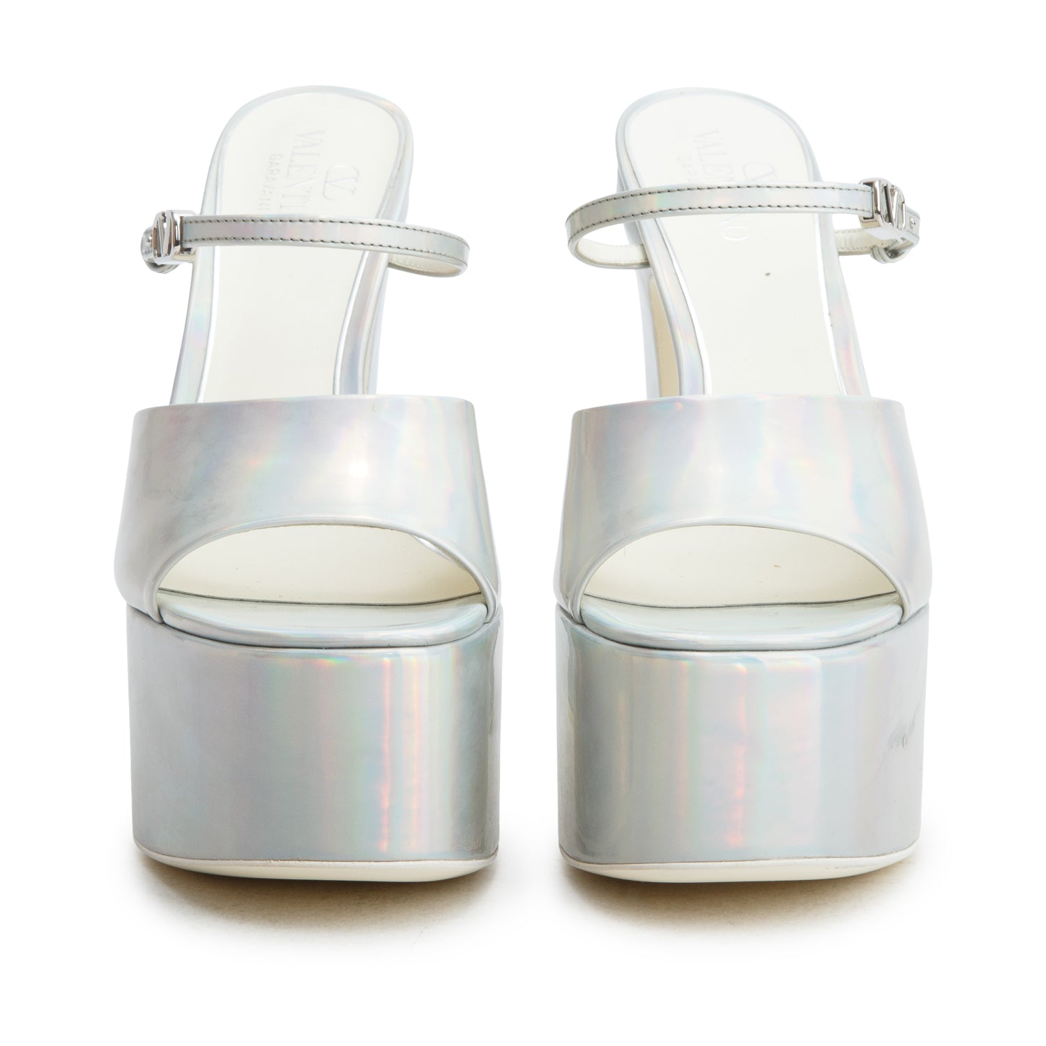 Valentino Silver Holographic Leather Tan-Go Platform Sandals, Women's Size 37 w/ Box
