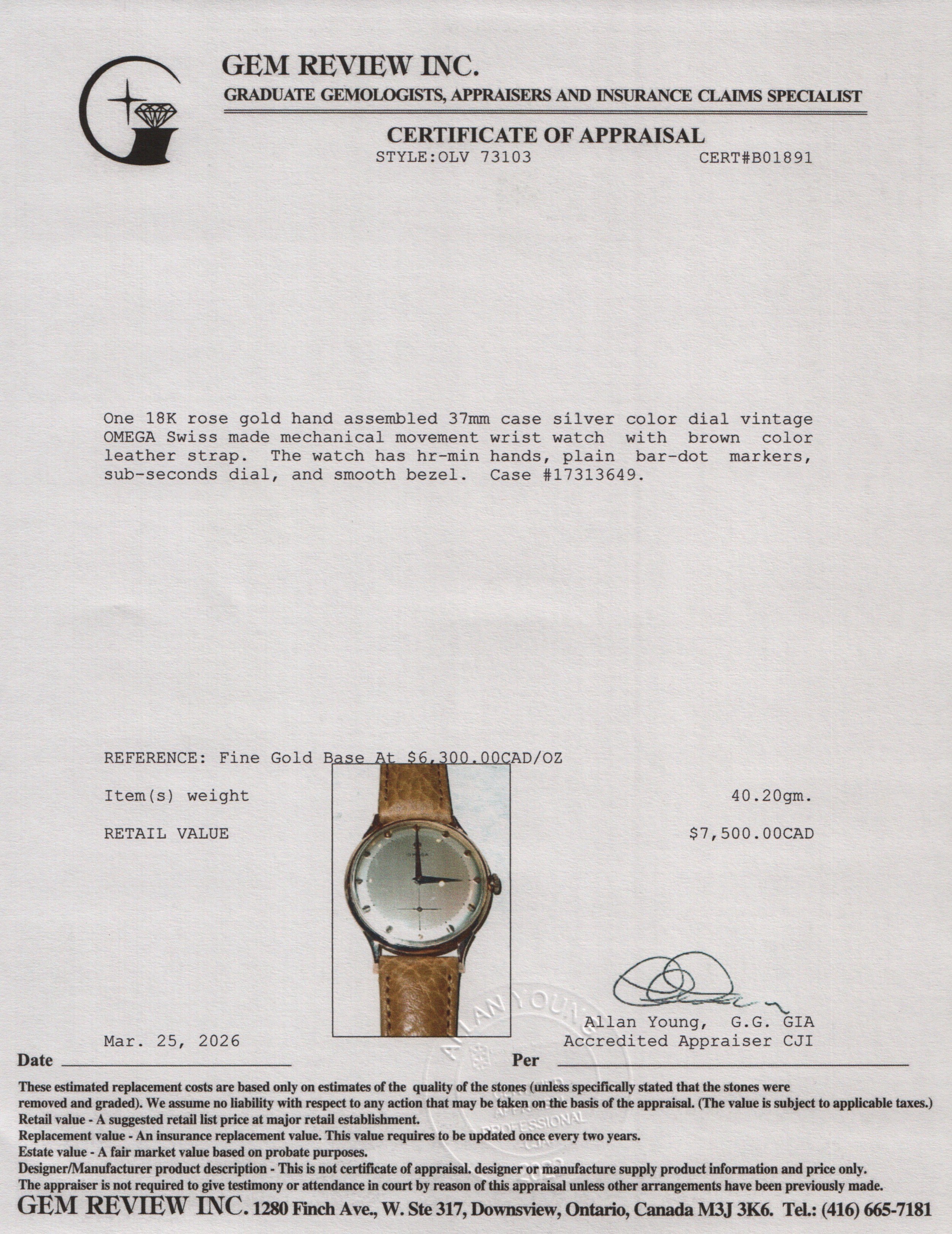 Omega Vintage 18k Rose Gold 37 MM Manual Watch