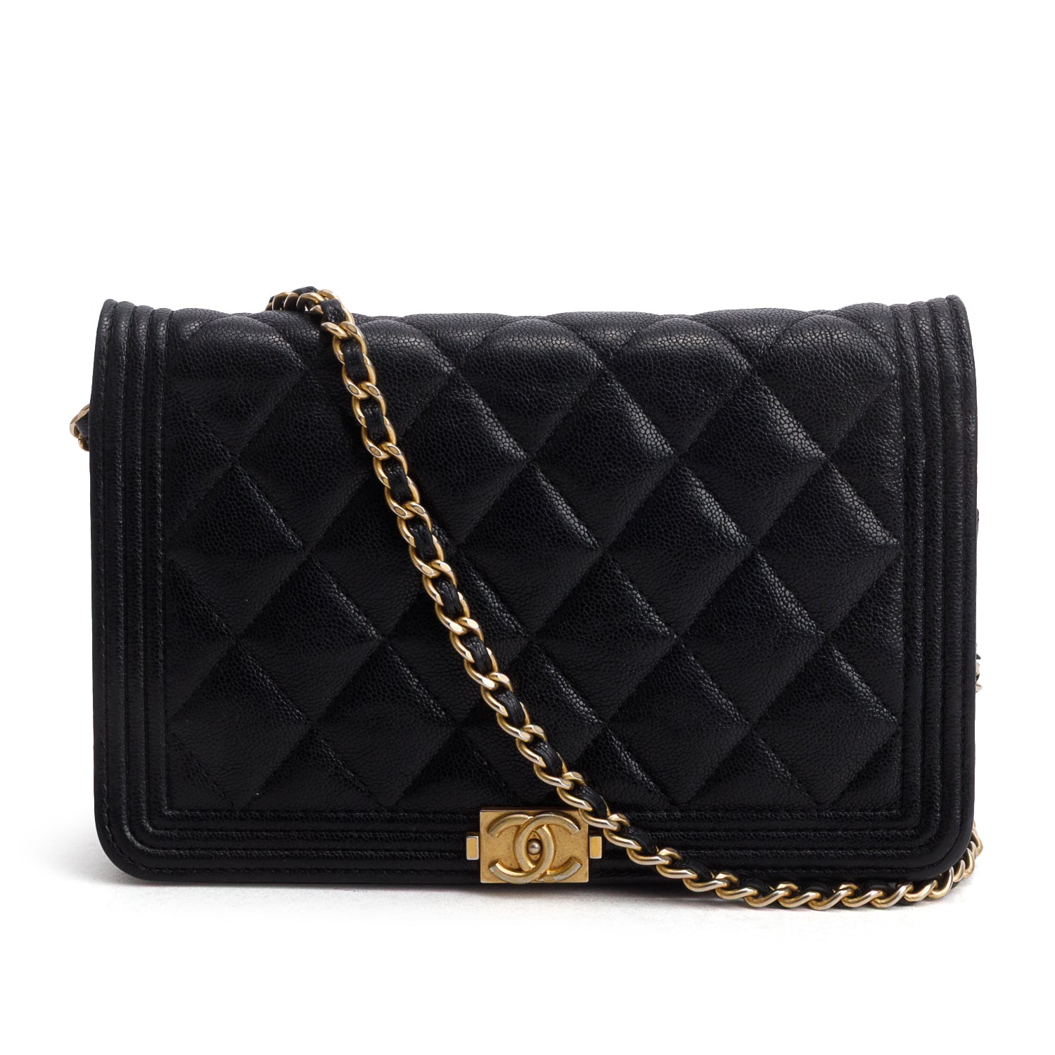 Chanel Black Caviar Quilted Boy Wallet on Chain w/ Box