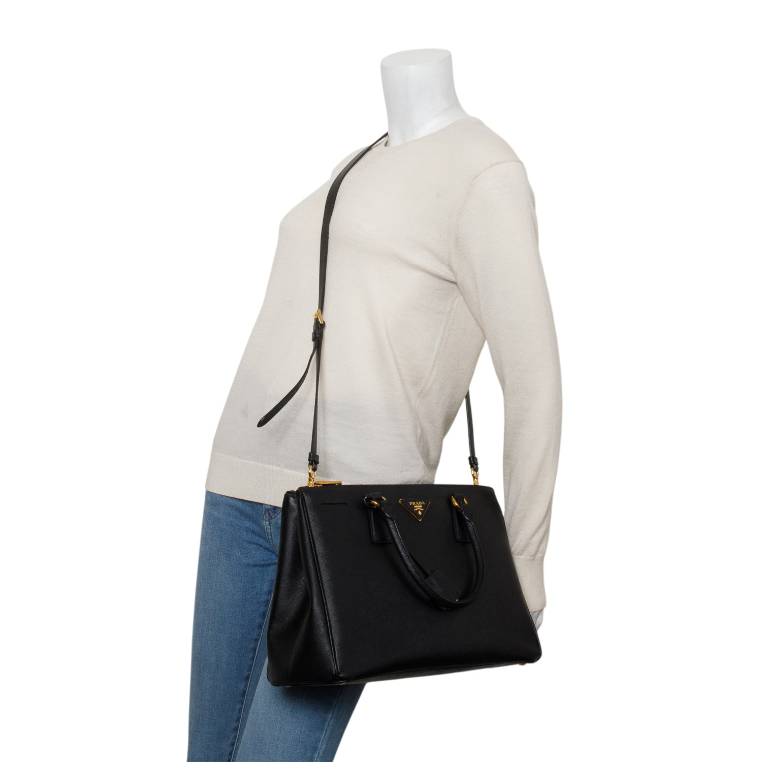 Prada Black Saffiano Lux Medium Double Zip Galleria Tote w/ Strap