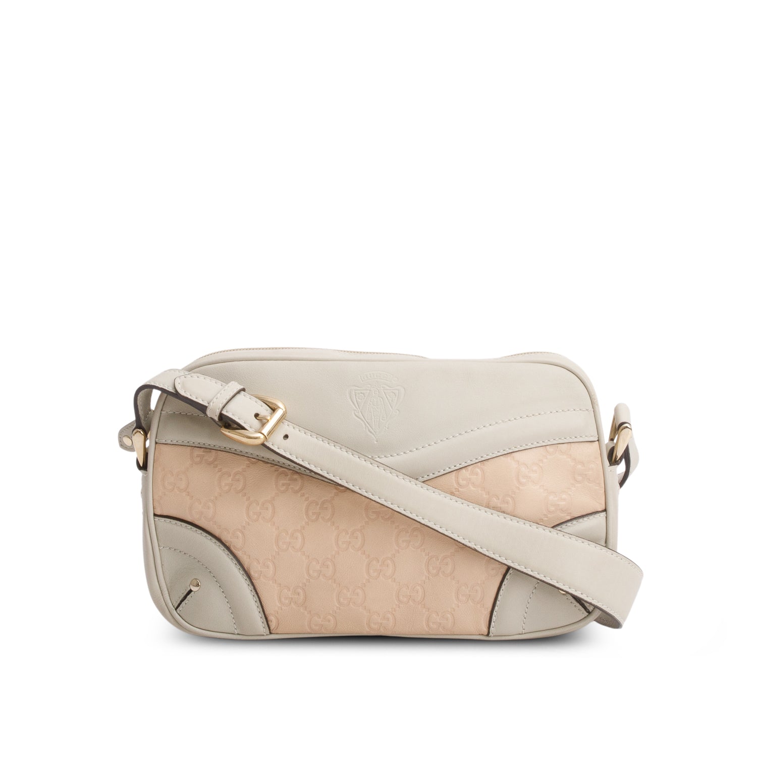 Gucci Beige/Pink Calfskin Signature GG Logo Crest Camera Bag