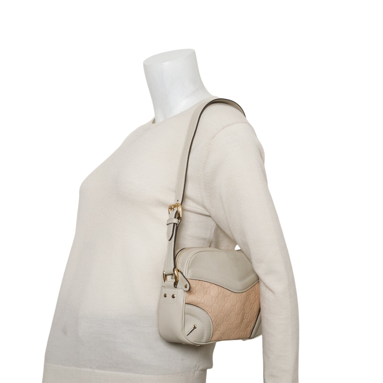 Gucci Beige/Pink Calfskin Signature GG Logo Crest Camera Bag