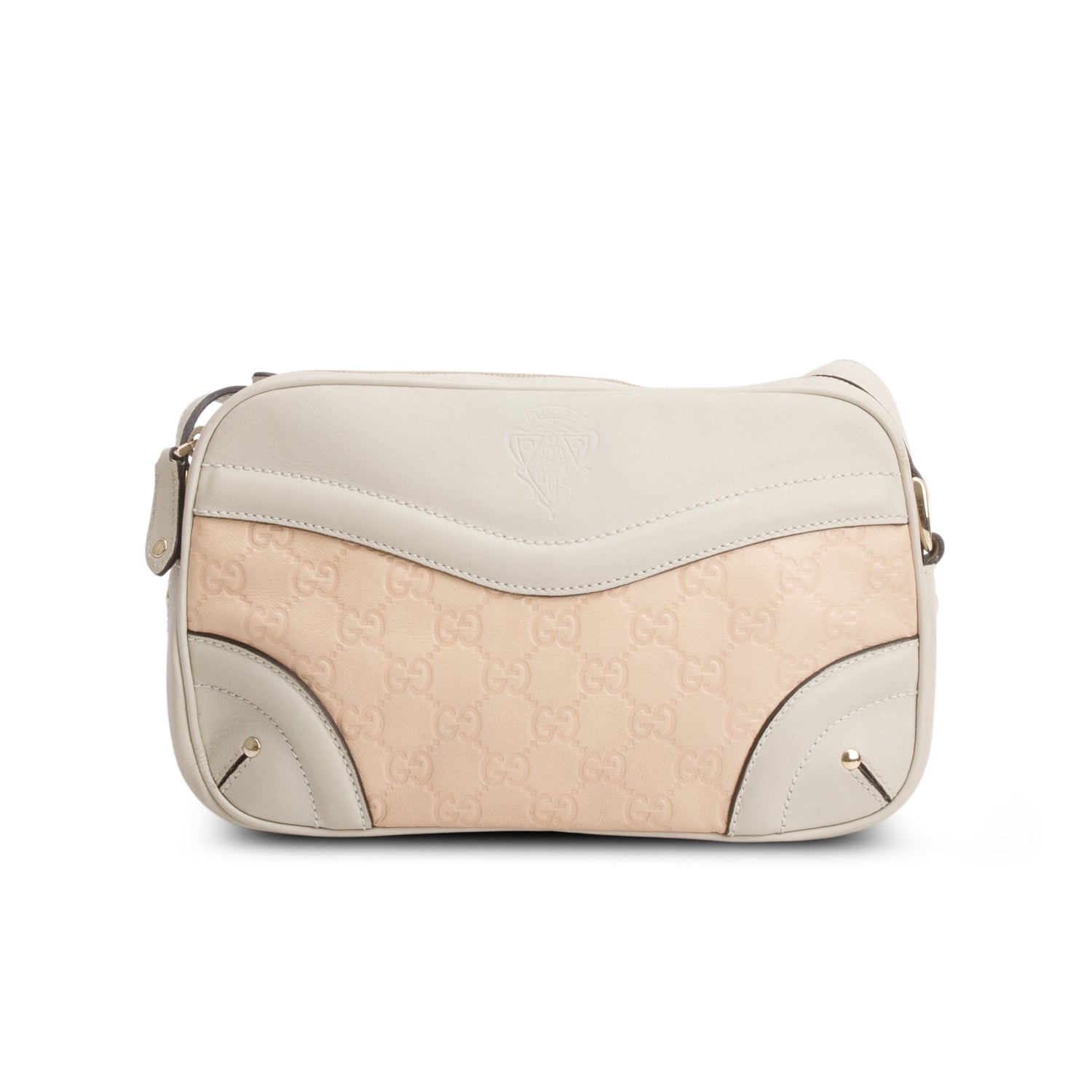 Gucci Beige/Pink Calfskin Signature GG Logo Crest Camera Bag