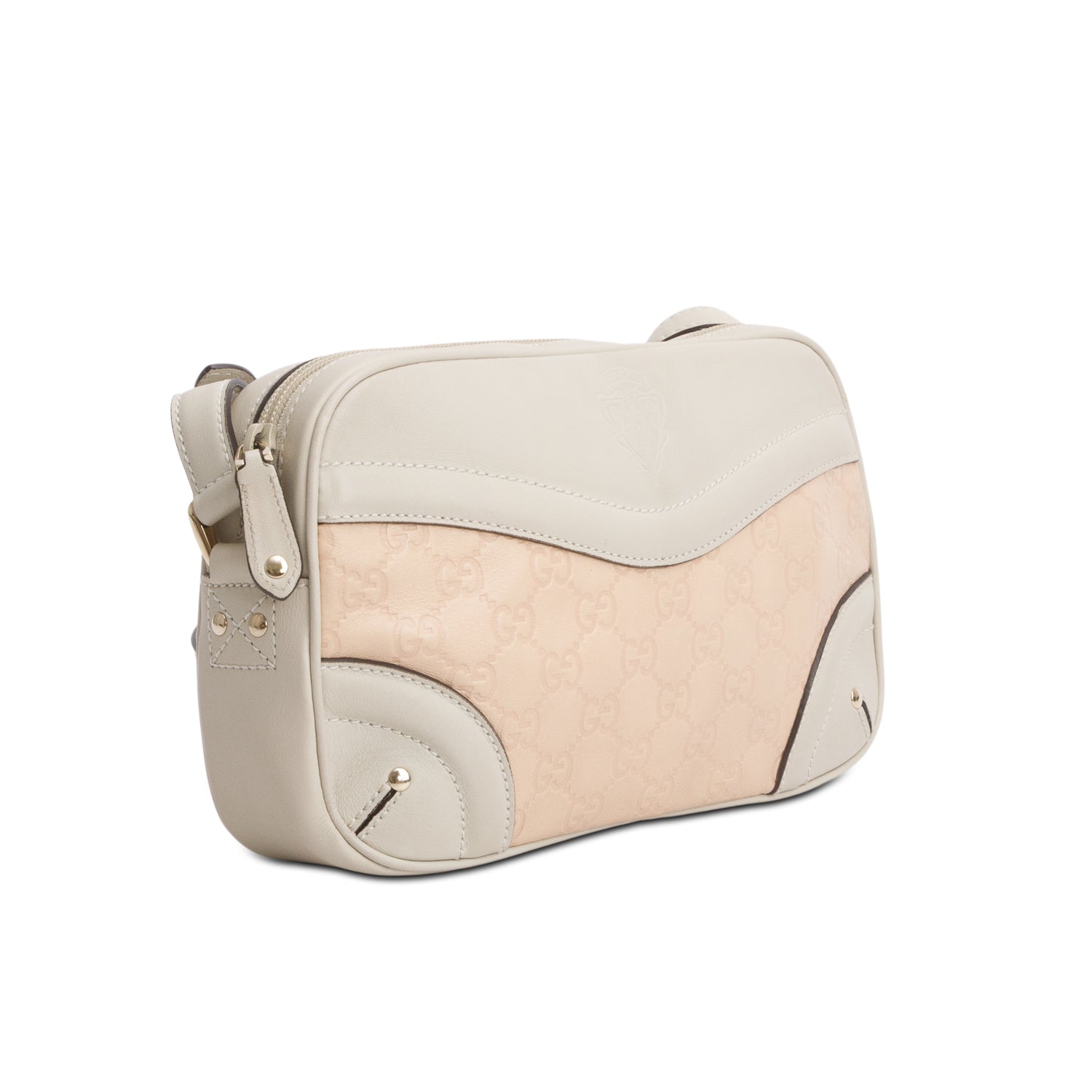 Gucci Beige/Pink Calfskin Signature GG Logo Crest Camera Bag