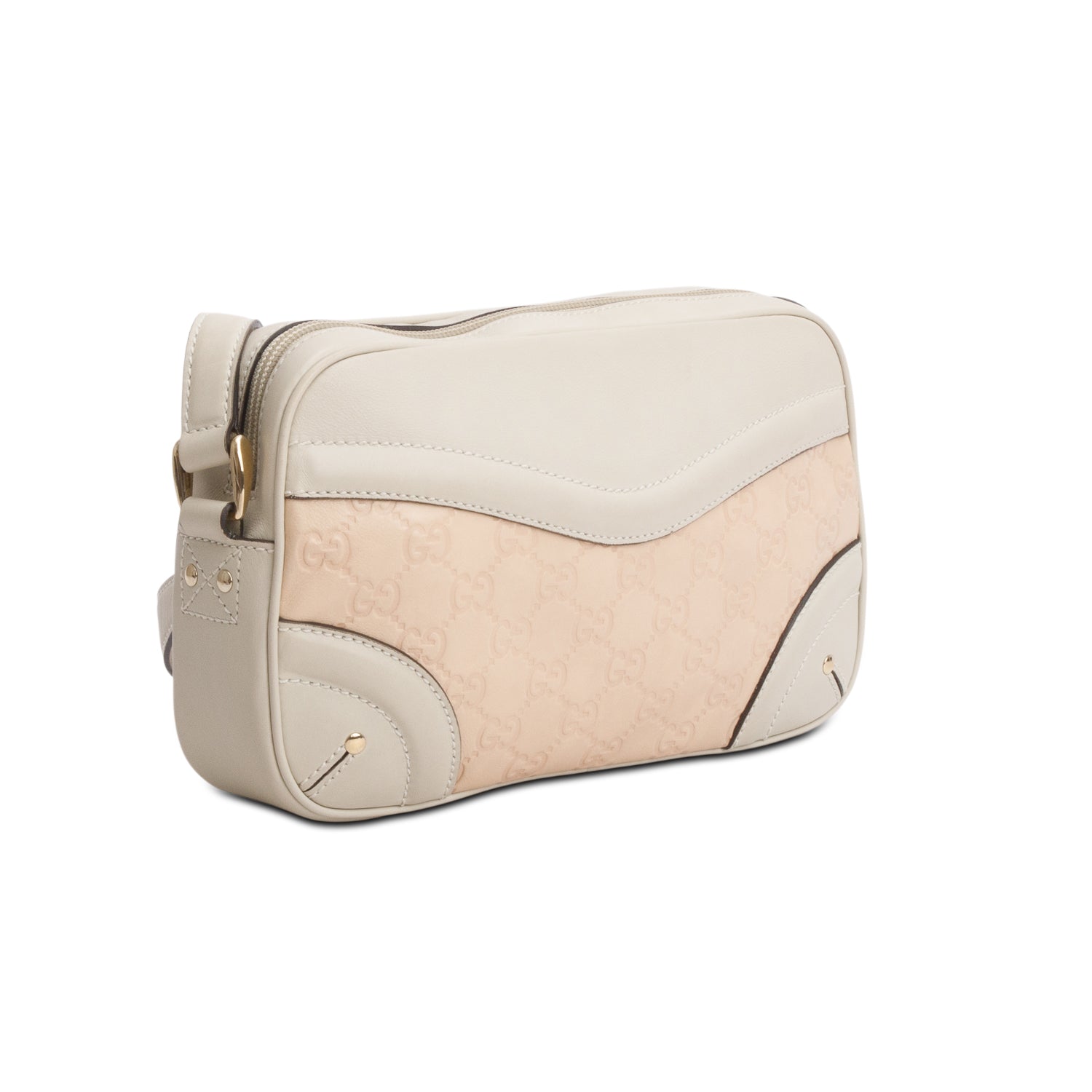 Gucci Beige/Pink Calfskin Signature GG Logo Crest Camera Bag
