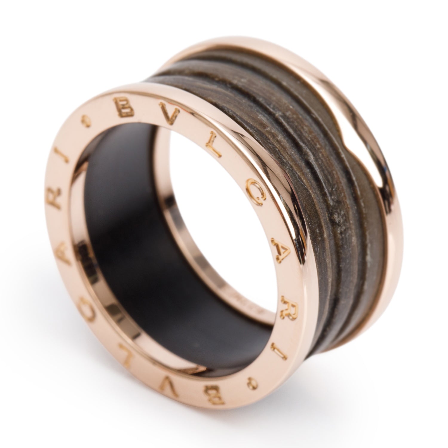 BVLGARI 18k Rose Gold & Brown Marble B.Zero1 4-Band Ring, Size 63 10.5 w/ Box
