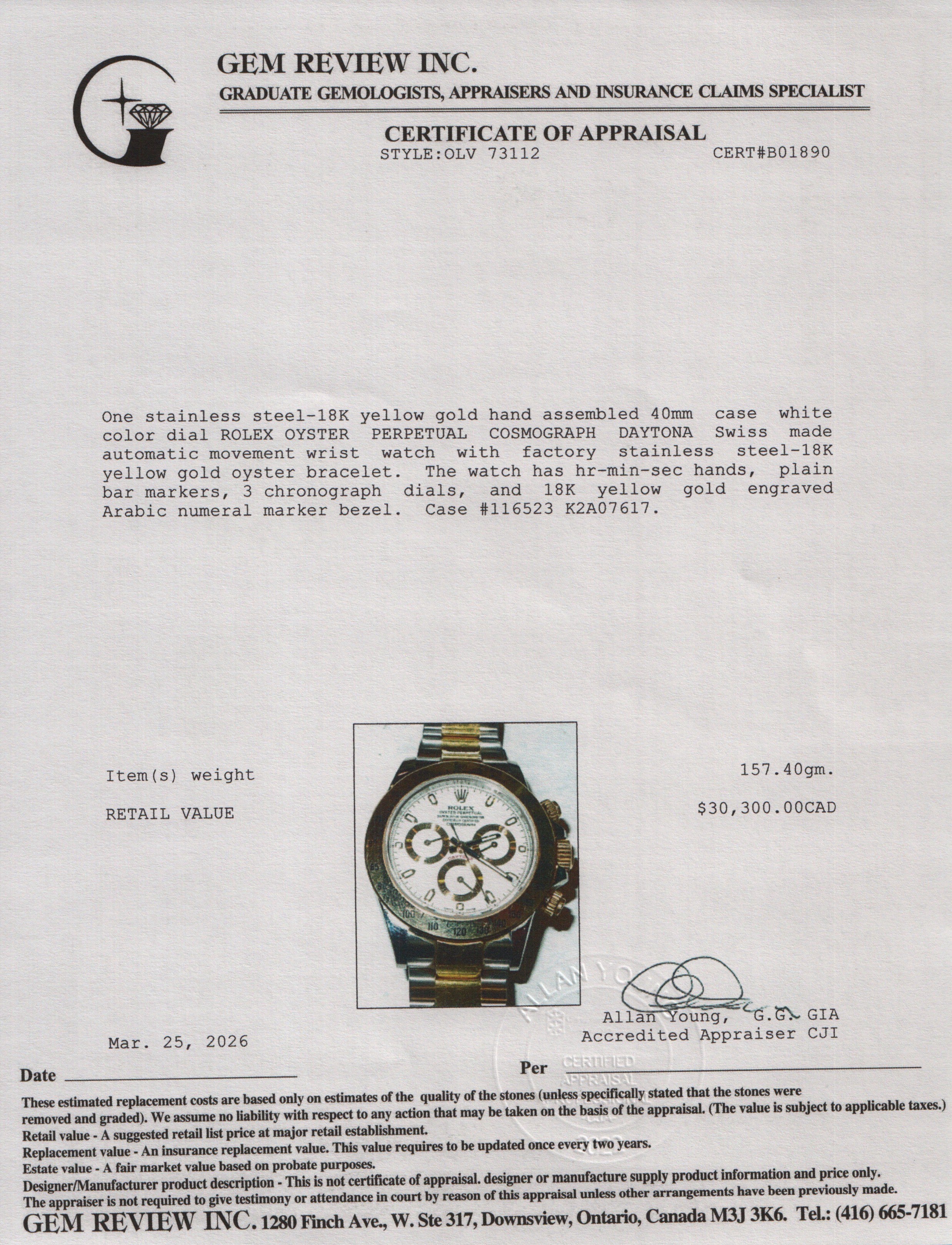 Rolex Stainless Steel & 18k Yellow Gold Daytona 40 MM Chronograph Watch White Dial 116523 w/ Papers