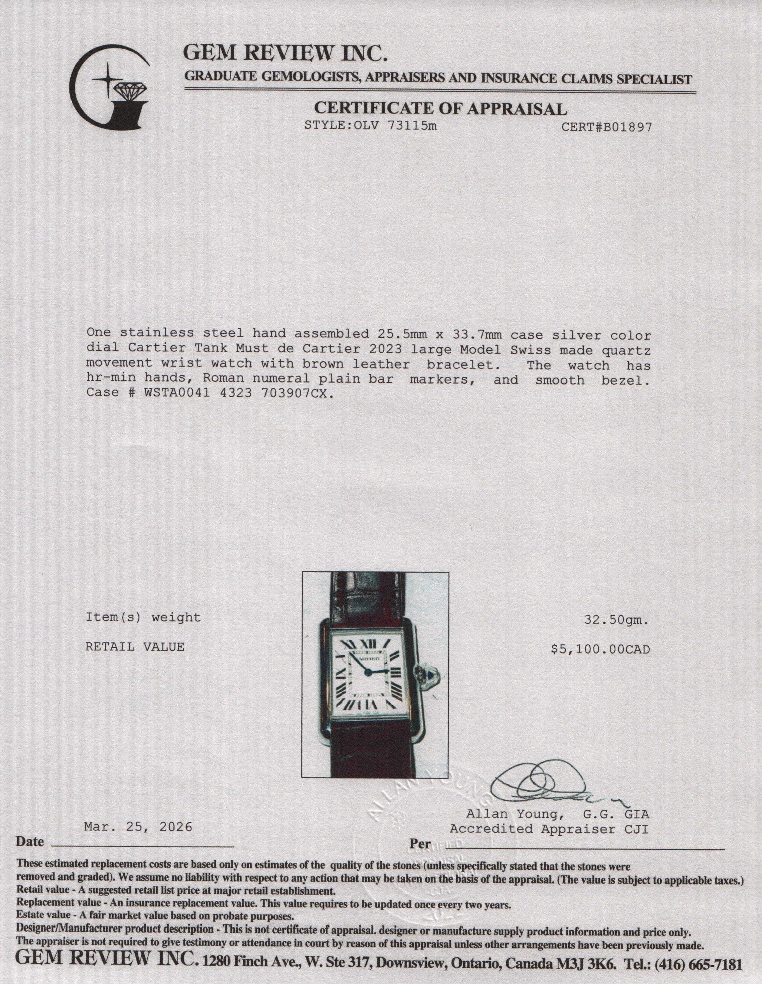 Cartier 2022 Stainless Steel Tank Must de Cartier Quartz Watch, Large Model 4323 w/ Box & Papers