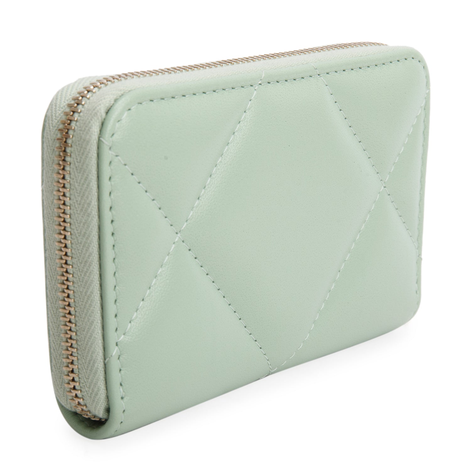 Chanel Green Lambskin Quilted 19 Zip Around Coin Purse Wallet w/ Box