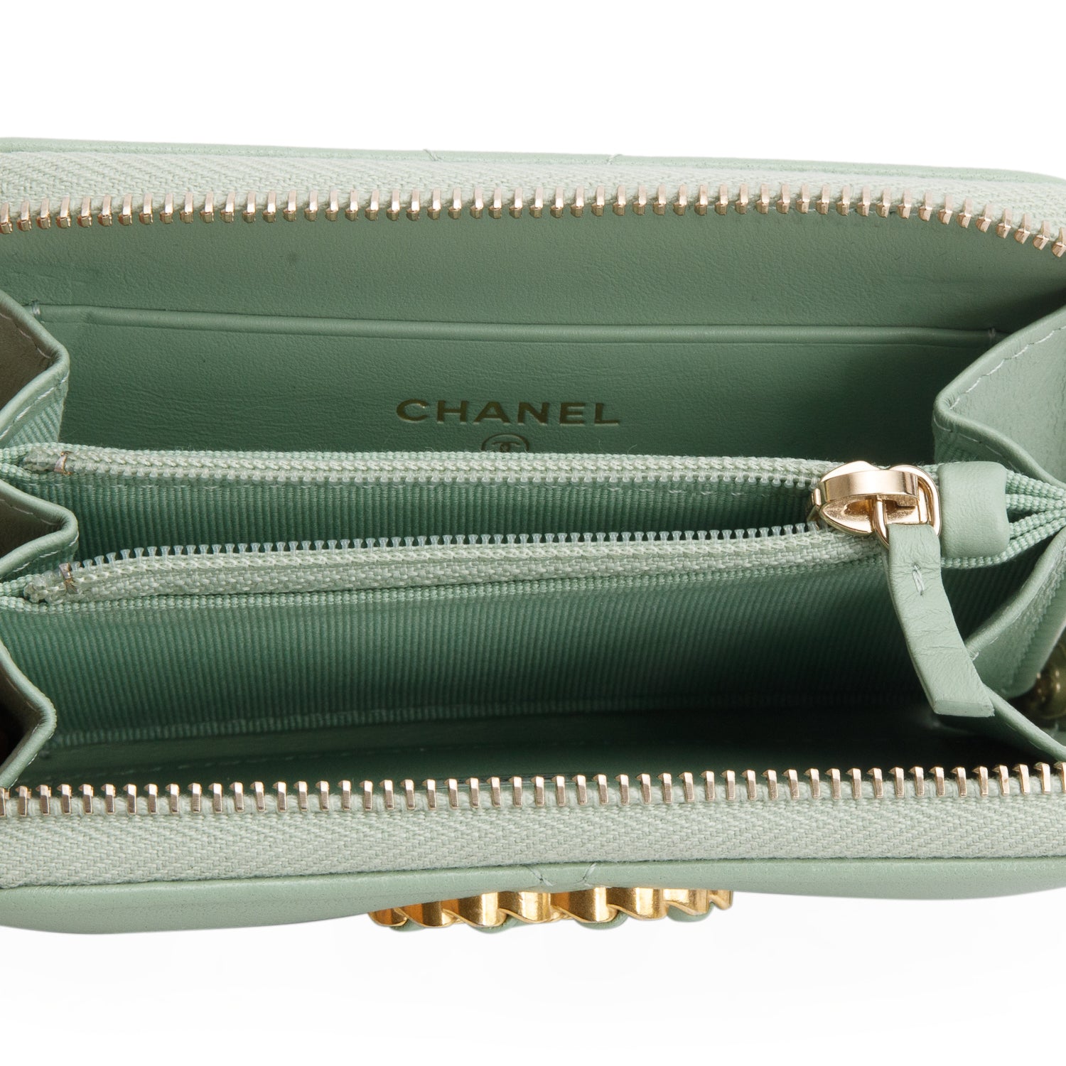 Chanel Green Lambskin Quilted 19 Zip Around Coin Purse Wallet w/ Box