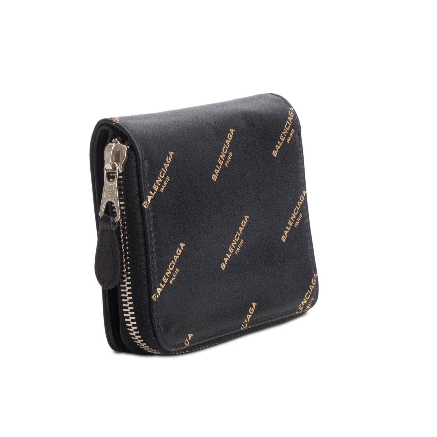 Balenciaga Black Calfskin Logo Zip Wallet