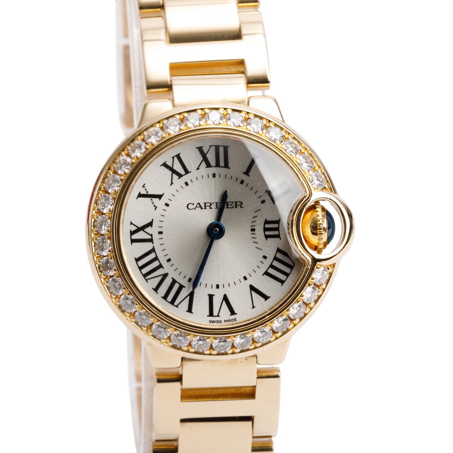 Cartier 18k Yellow Gold Diamond Bezel Ballon Bleu de Cartier 28 MM Quartz Watch 3006 w/ Box & Papers