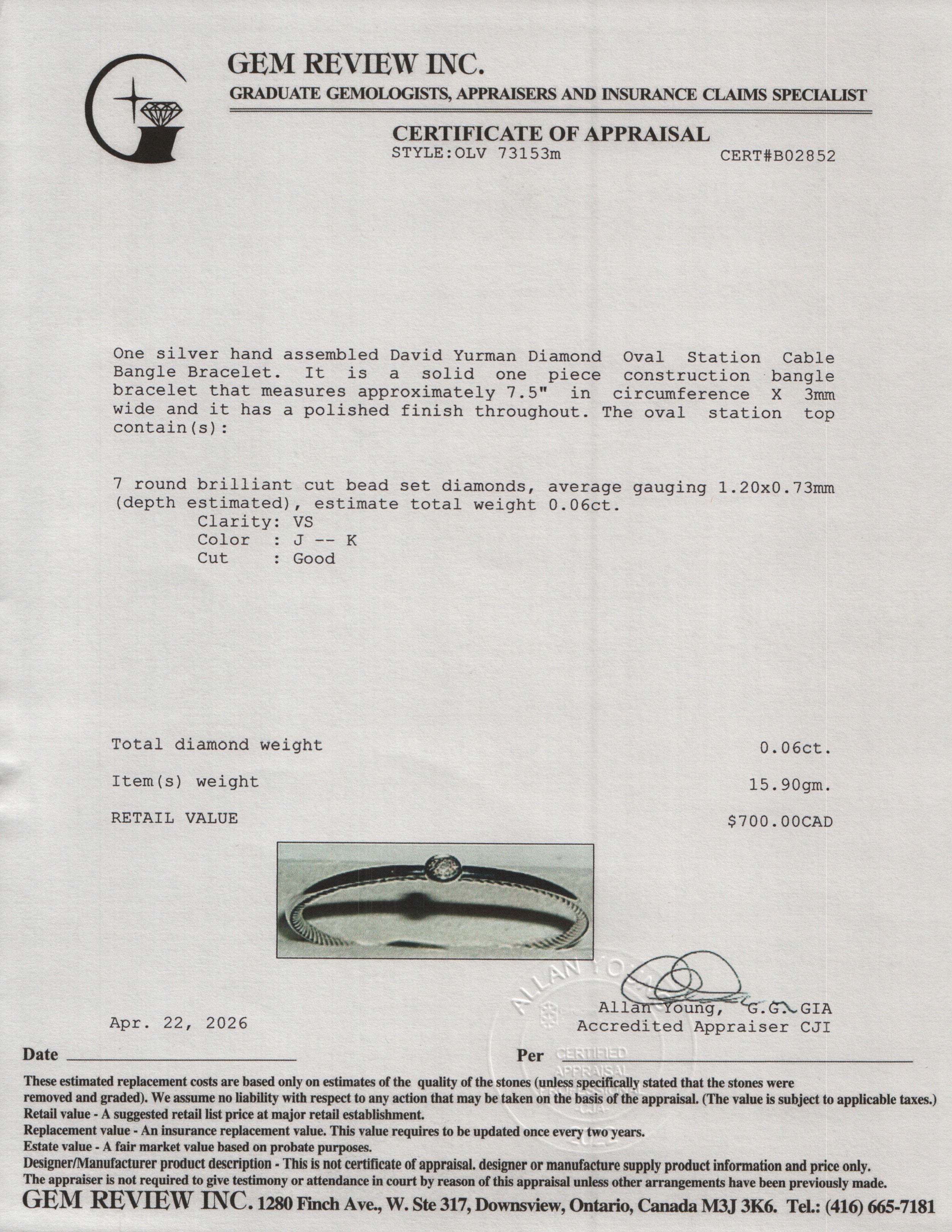 David Yurman Sterling Silver Diamond Oval Station 3 MM Cable Bangle Bracelet