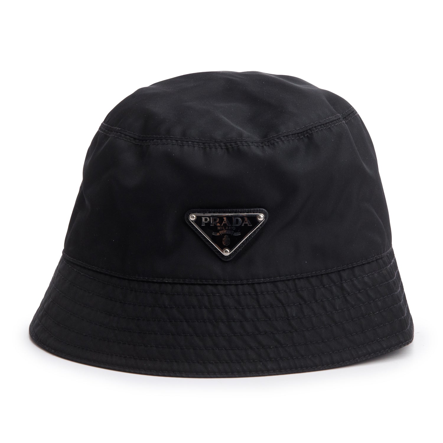 Prada Black Re-Nylon Metal Triangle Logo Bucket Hat, Size M