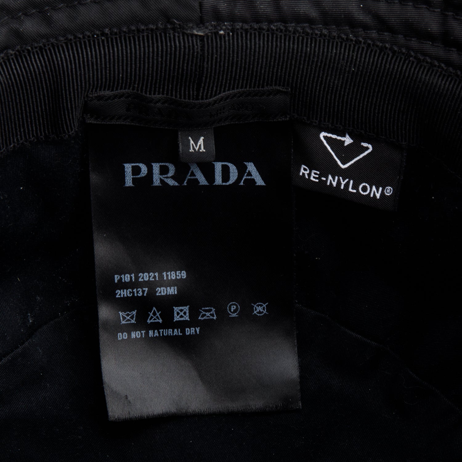 Prada Black Re-Nylon Metal Triangle Logo Bucket Hat, Size M