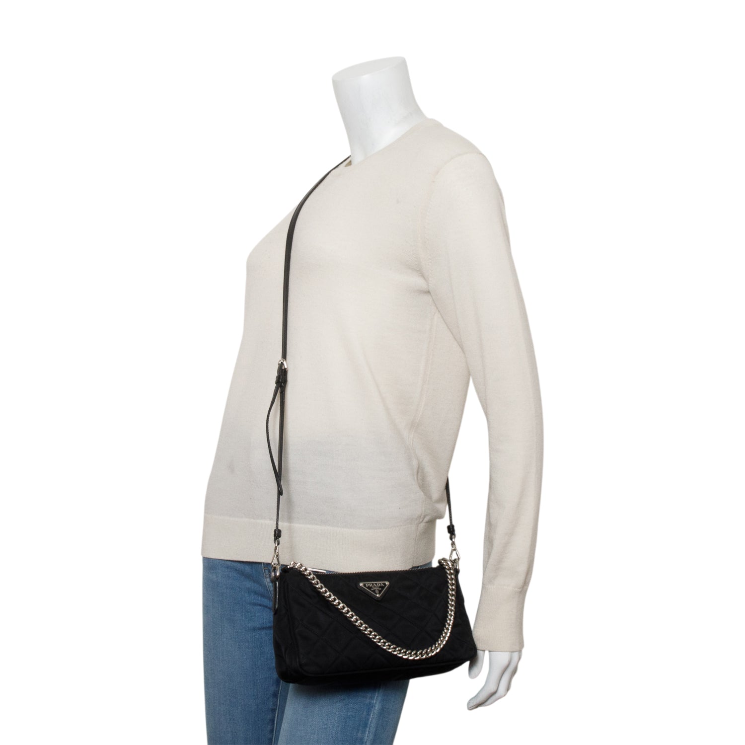 Prada Black Quilted Tessuto Impuntu Chain Crossbody Bag