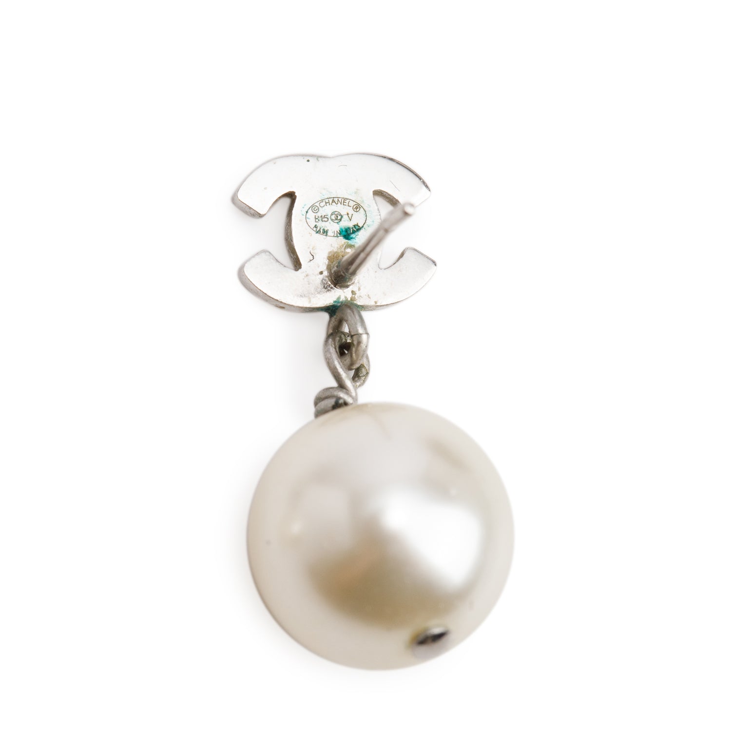 Chanel Palladium Plated Faux Pearl & Strass CC Drop Earrings w/ Box