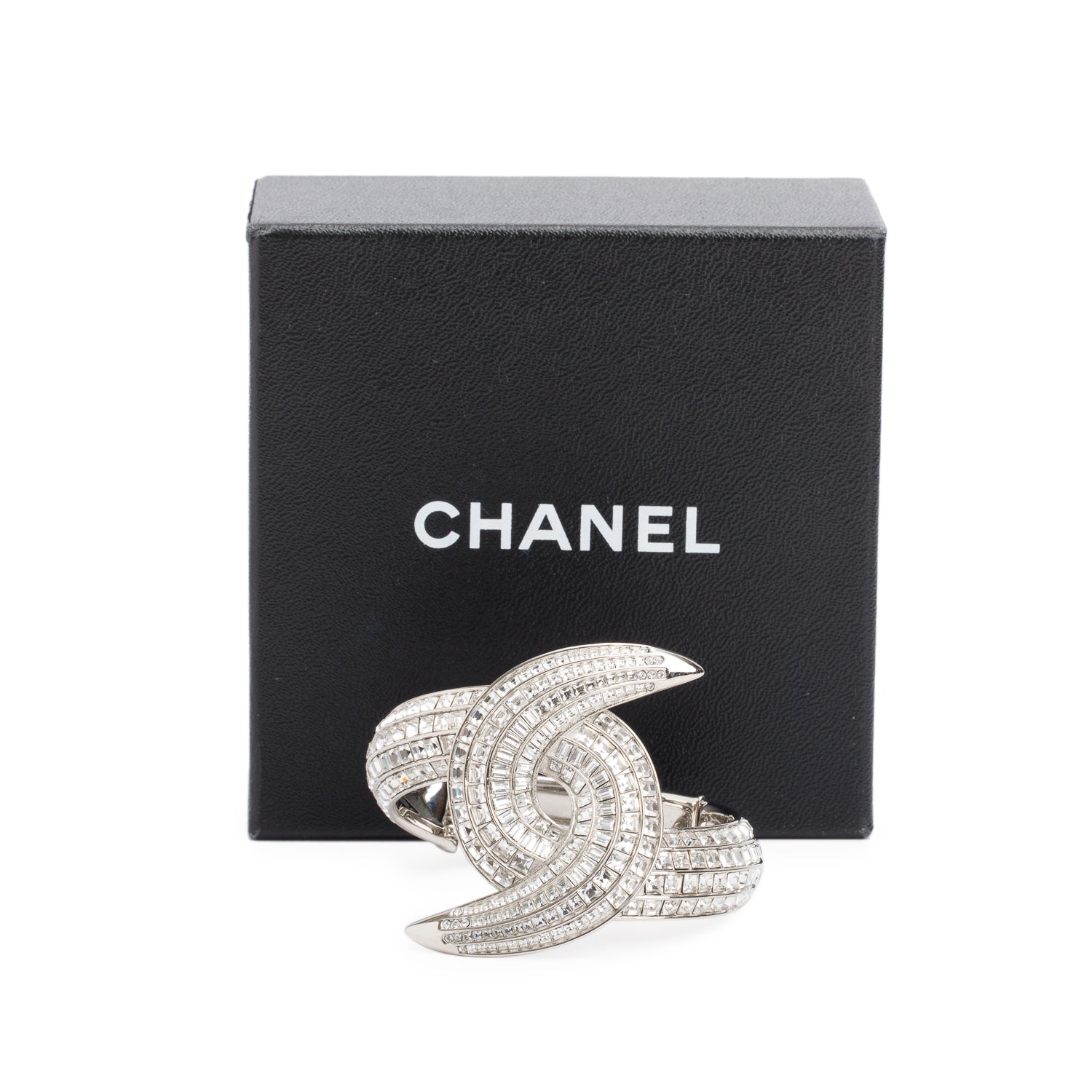 Chanel Palladium-Plated Strass CC Hinged Bangle Bracelet w/ Box