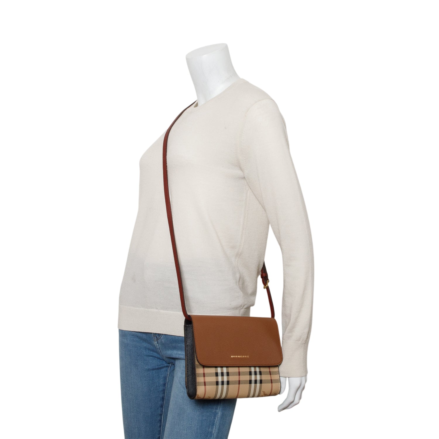 Burberry Haymarket Check Brown Leather Trimmed Small Loxley Crossbody Bag