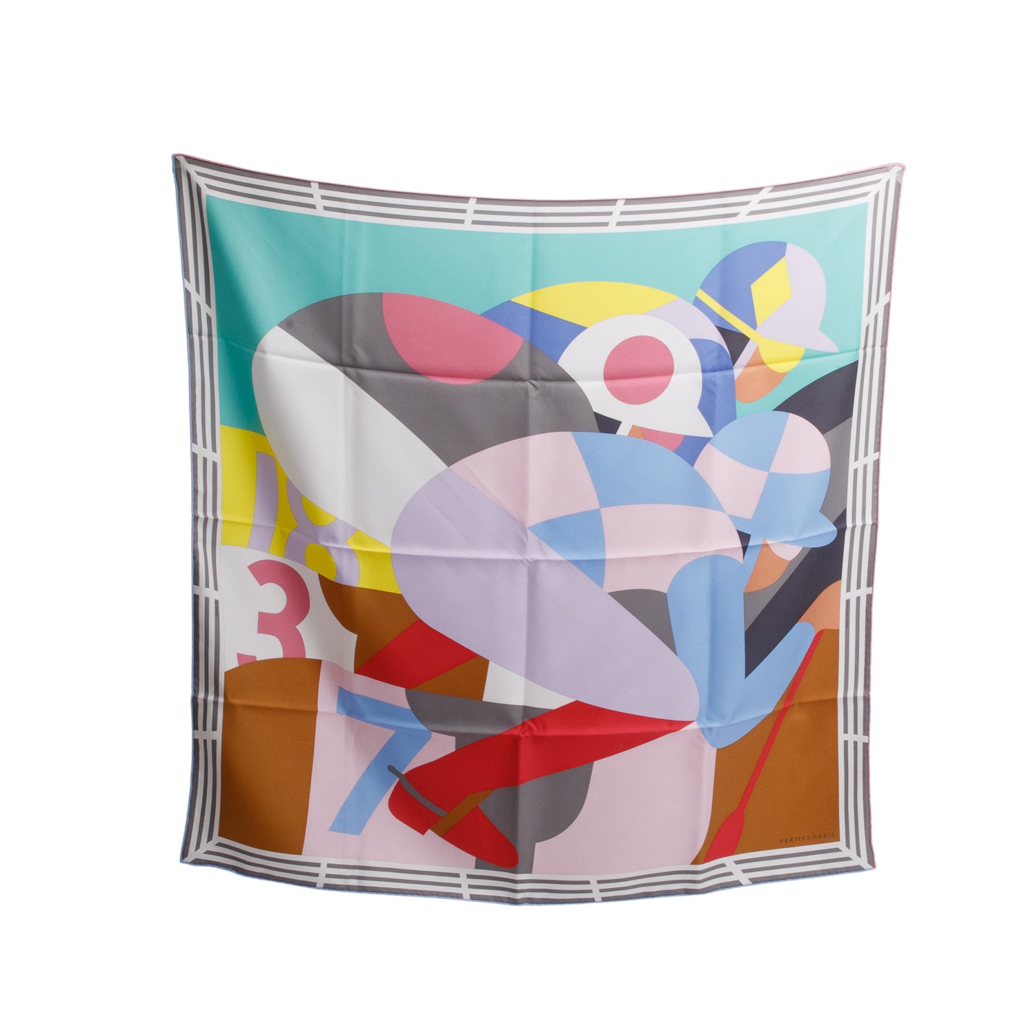 Hermes Multicolor 'Course Cinetique' Silk Scarf 90 w/ Box