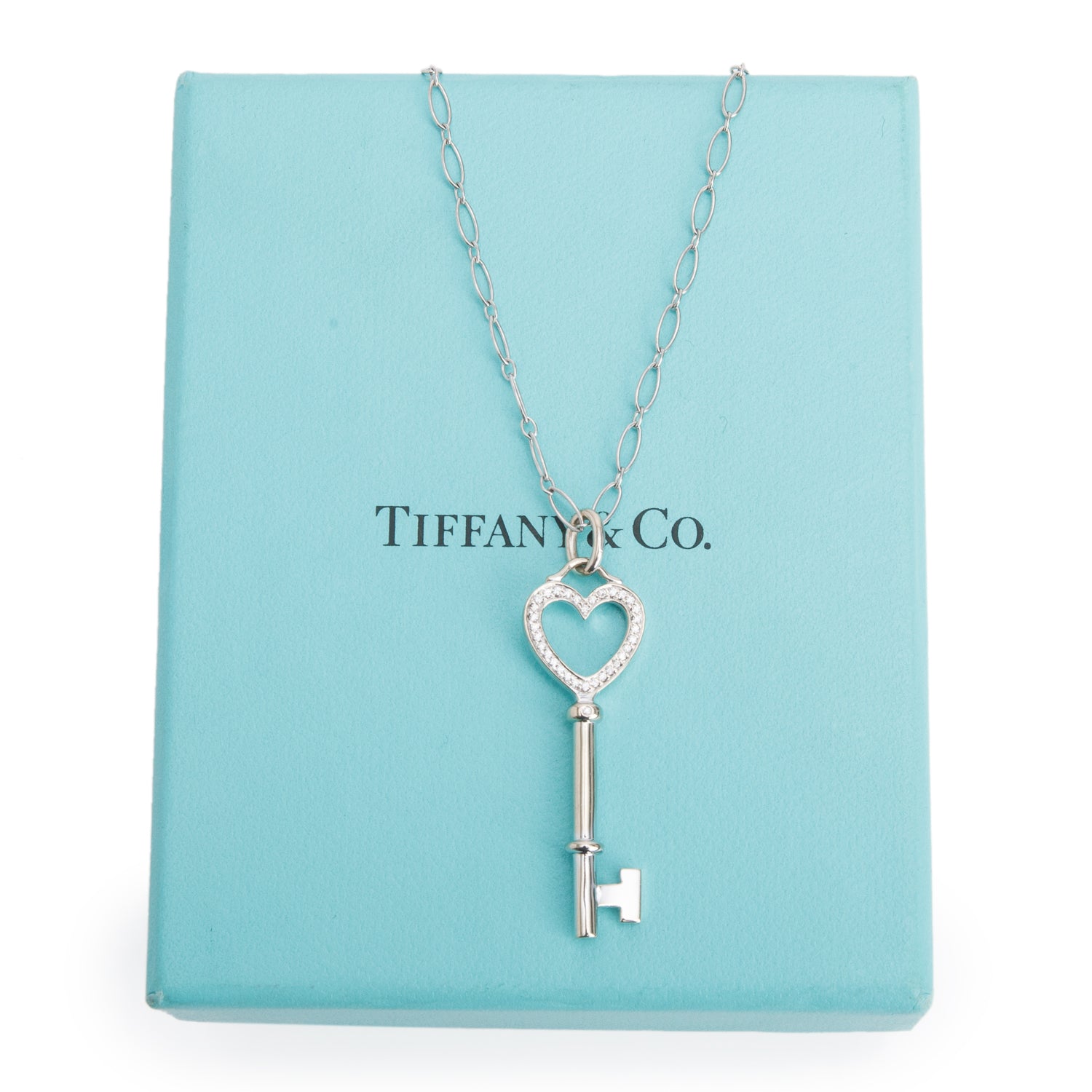 Tiffany & Co. 18k White Gold Diamond Heart Key Pendant Necklace w/ Box