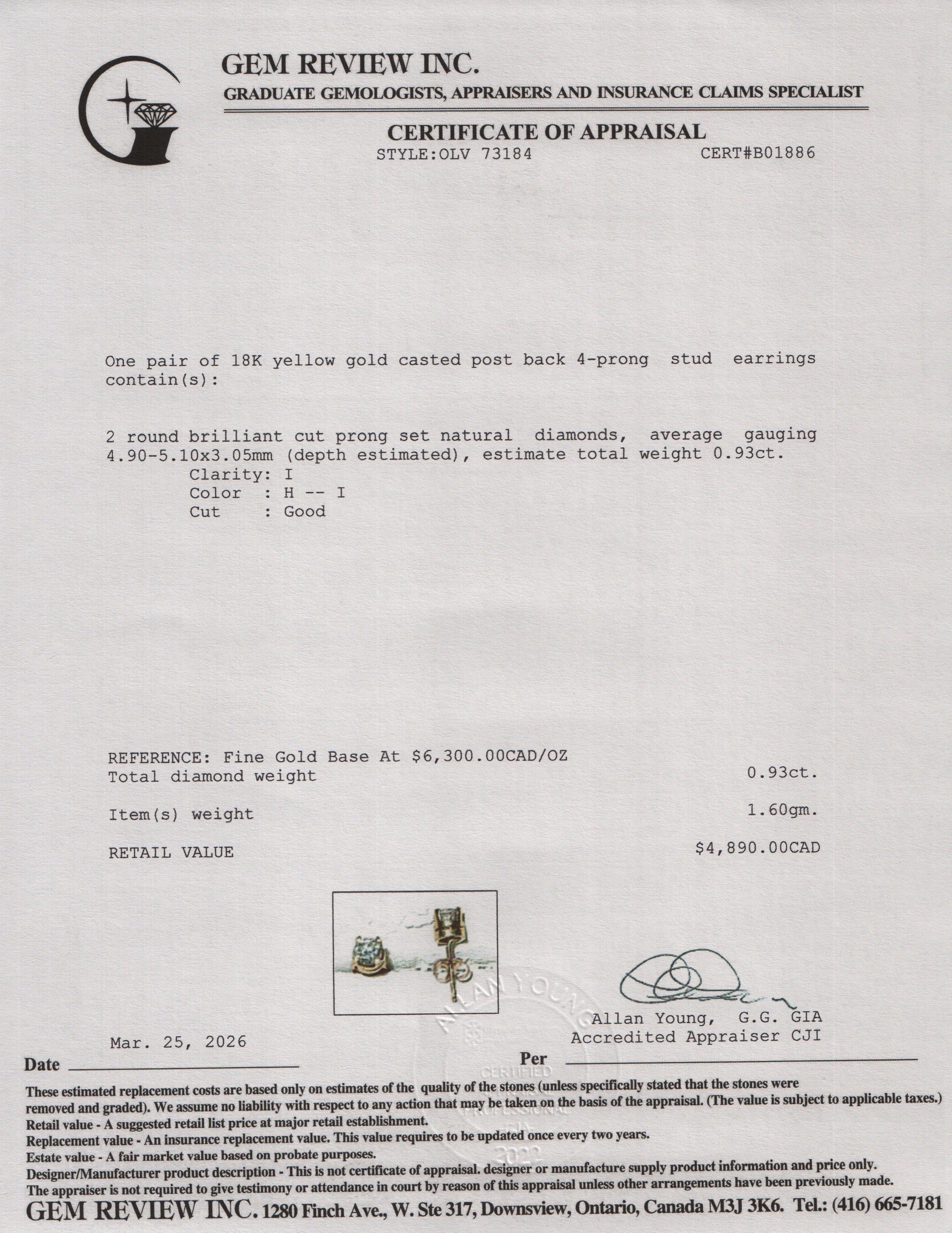 18k Yellow Gold 0.93 tcw. Diamond Stud Earrings