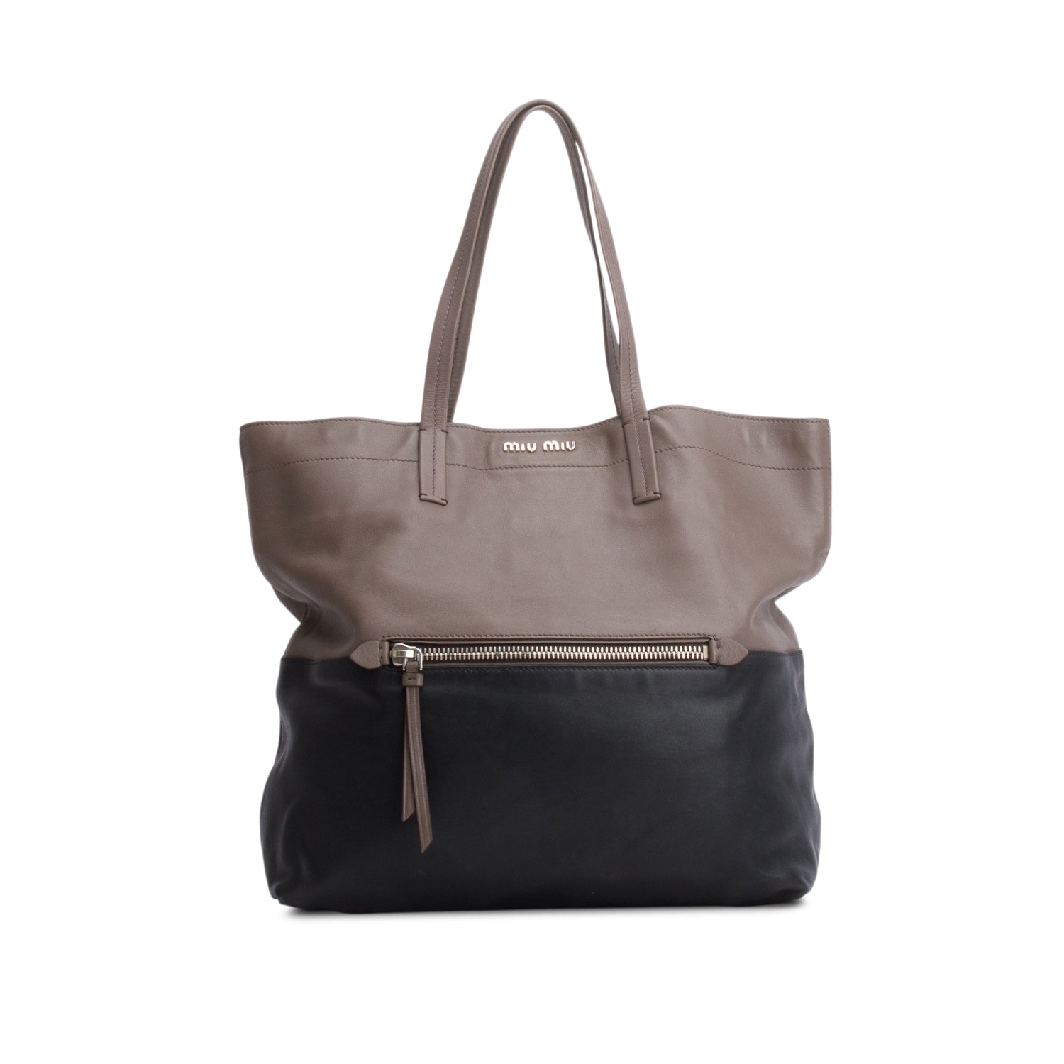 Miu Miu Taupe/Black Vitello Soft Leather Shopping Tote w/ Authenticity Card