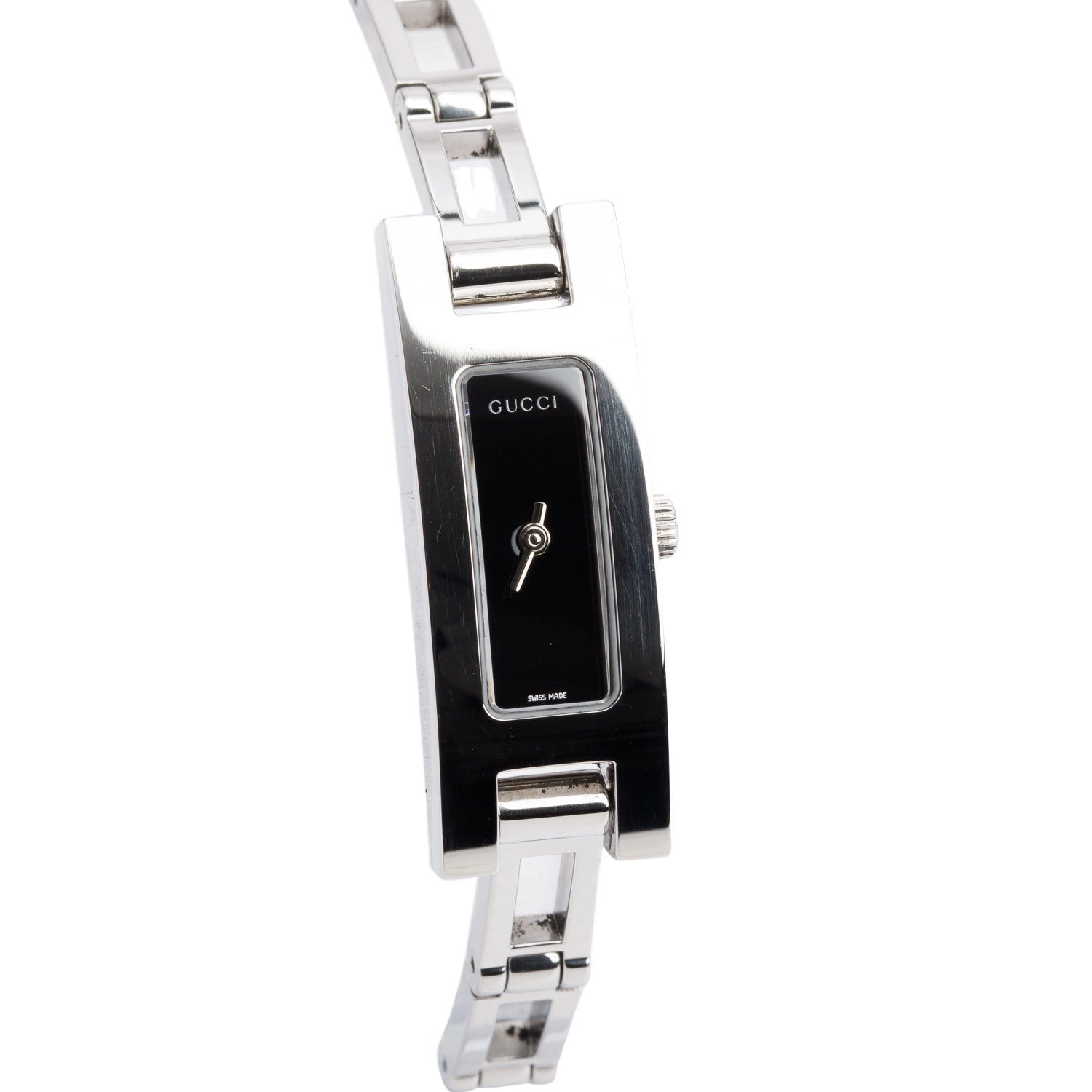 Gucci Stainless Steel White Leather 3900 Series Watch Black Dial