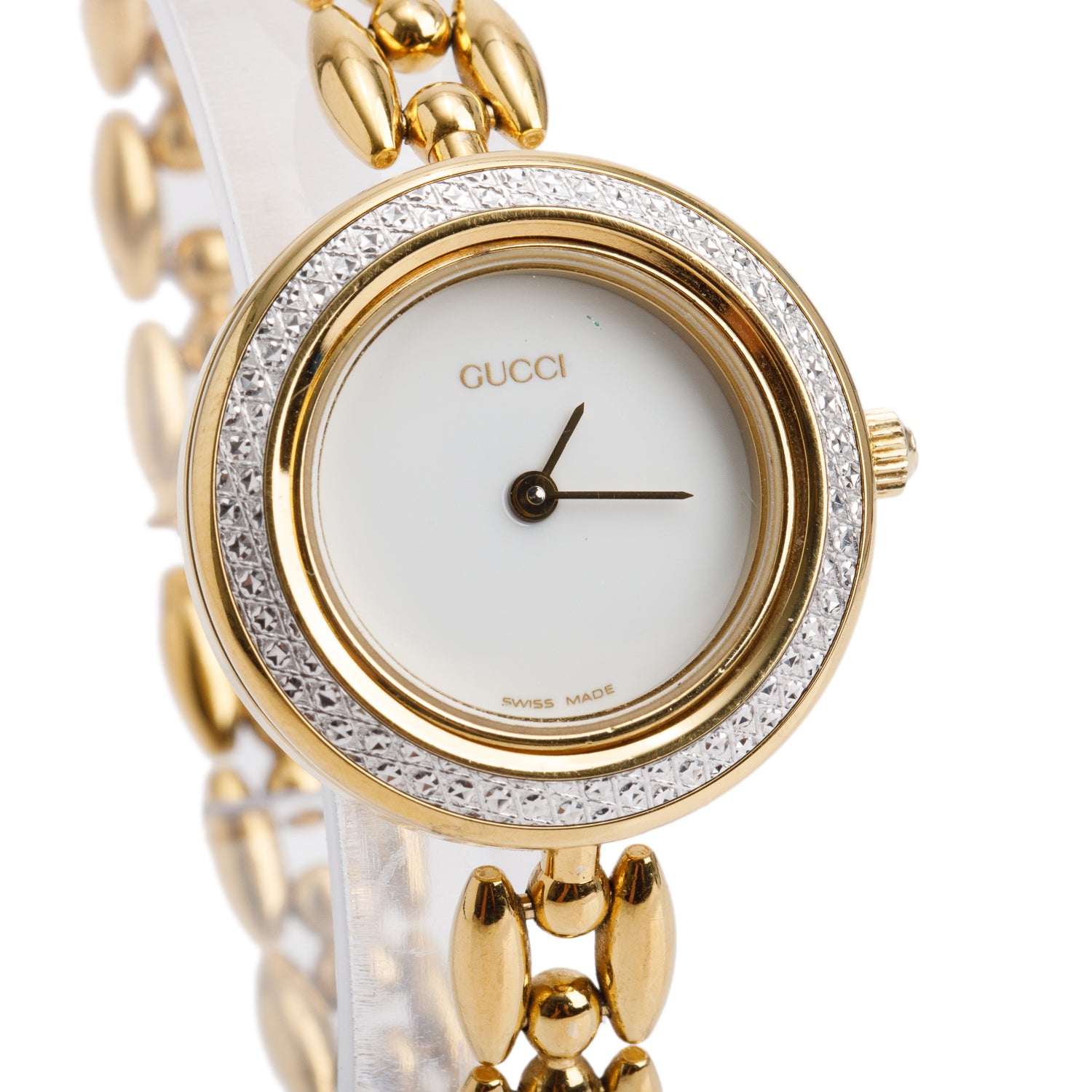 Gucci Gold Plated Stainless Steel 1100 Series 26 MM Watch White Dial w/ Box & 12 Multicolour Bezels