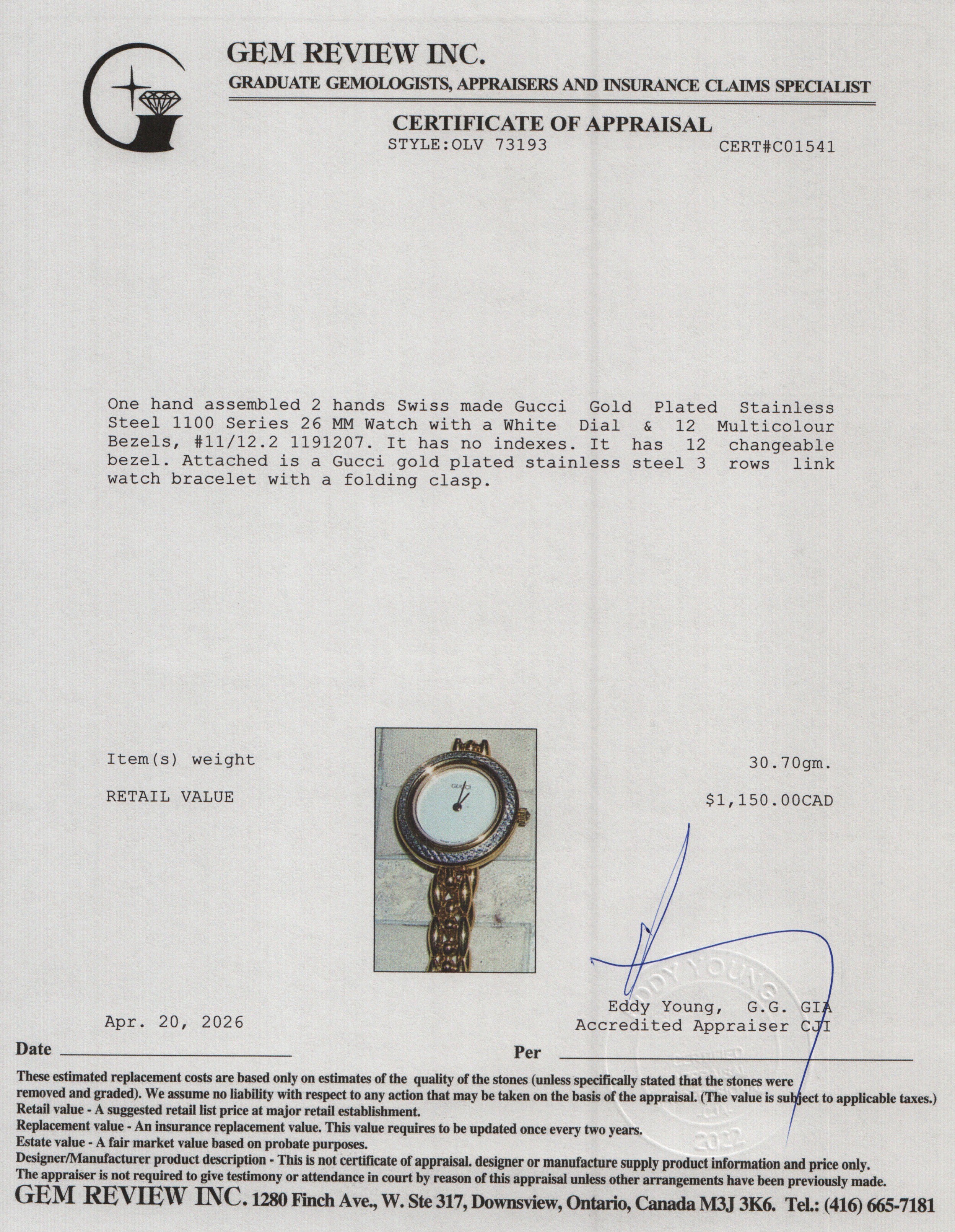 Gucci Gold Plated Stainless Steel 1100 Series 26 MM Watch White Dial w/ Box & 12 Multicolour Bezels