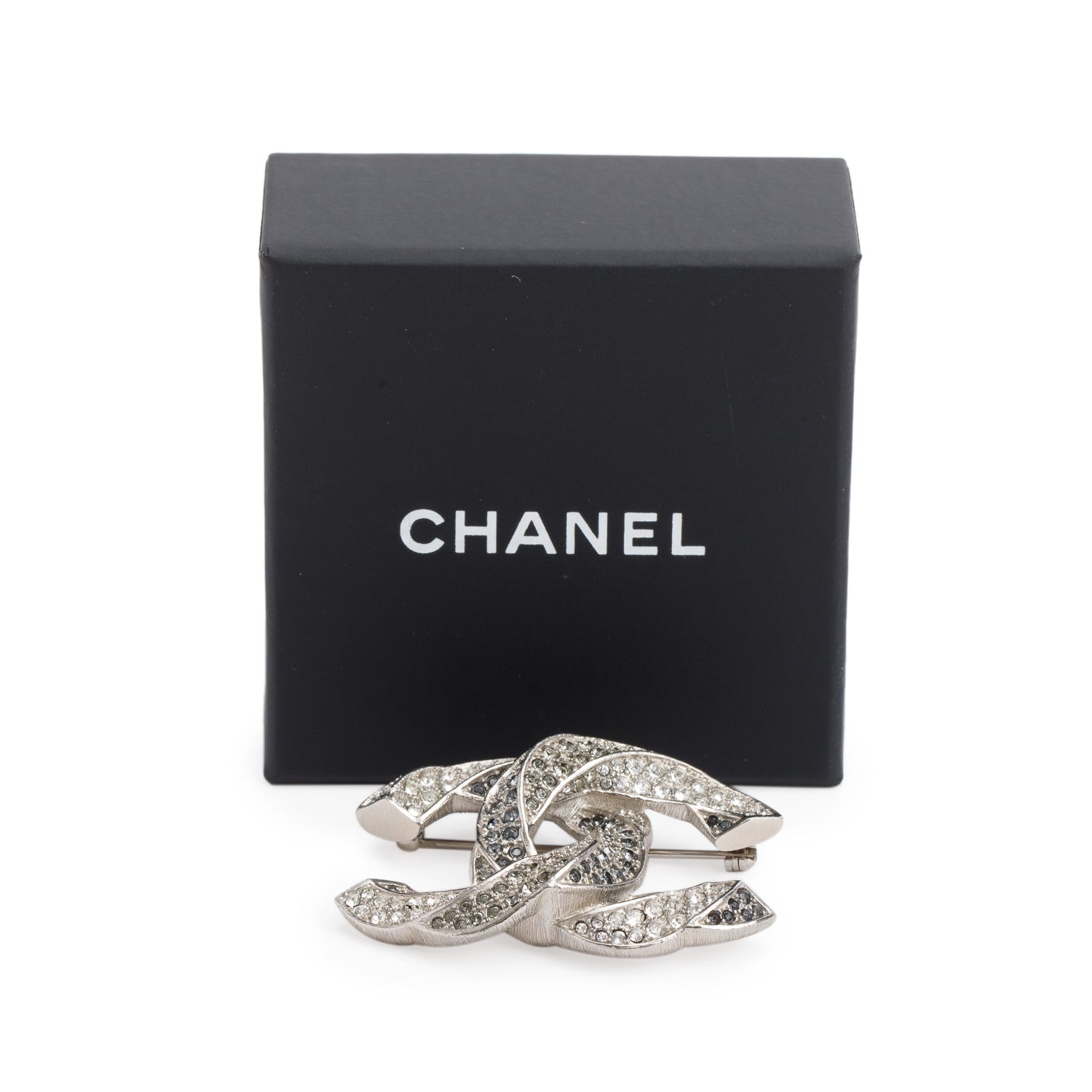 Chanel Palladium Plated Twisted Strass CC Brooch w/ Box