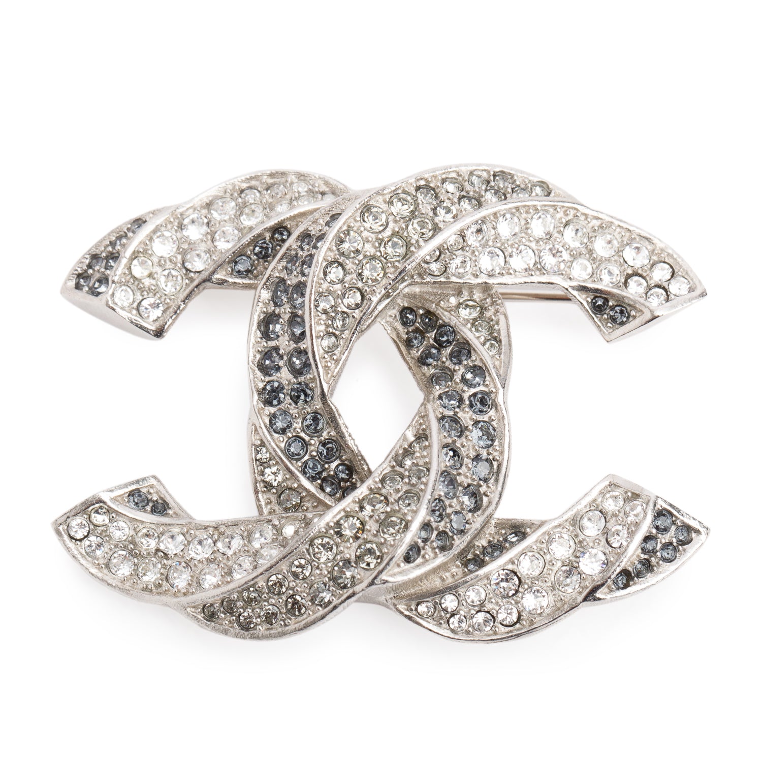 Chanel Palladium Plated Twisted Strass CC Brooch w/ Box
