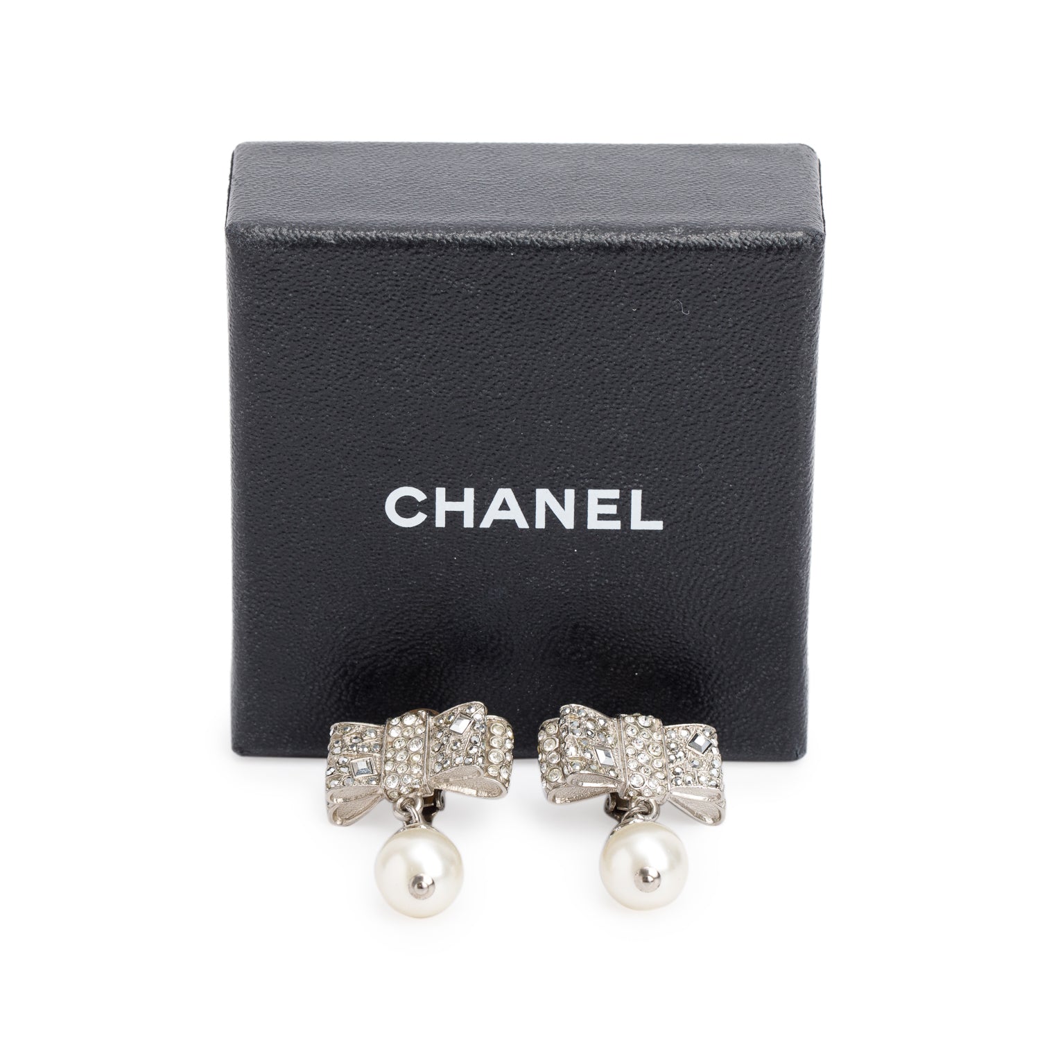 Chanel Palladium Plated Faux Pearl & Strass Bow Drop Earrings w/ Box