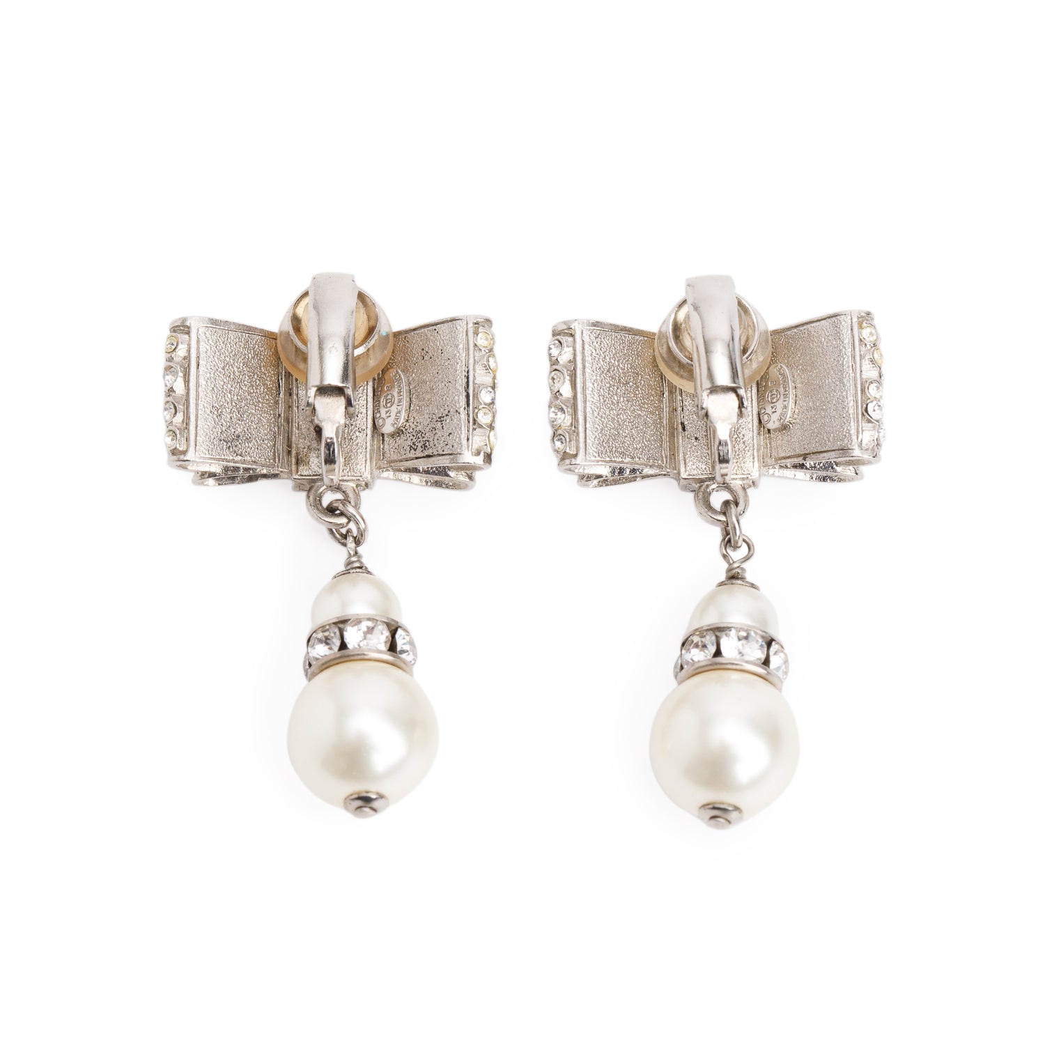 Chanel Palladium Plated Faux Pearl & Strass Bow Drop Earrings w/ Box