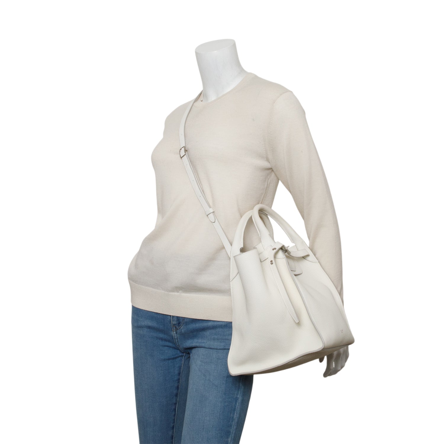 Celine White Supple Grained Calfskin Small Long Strap Big Bag