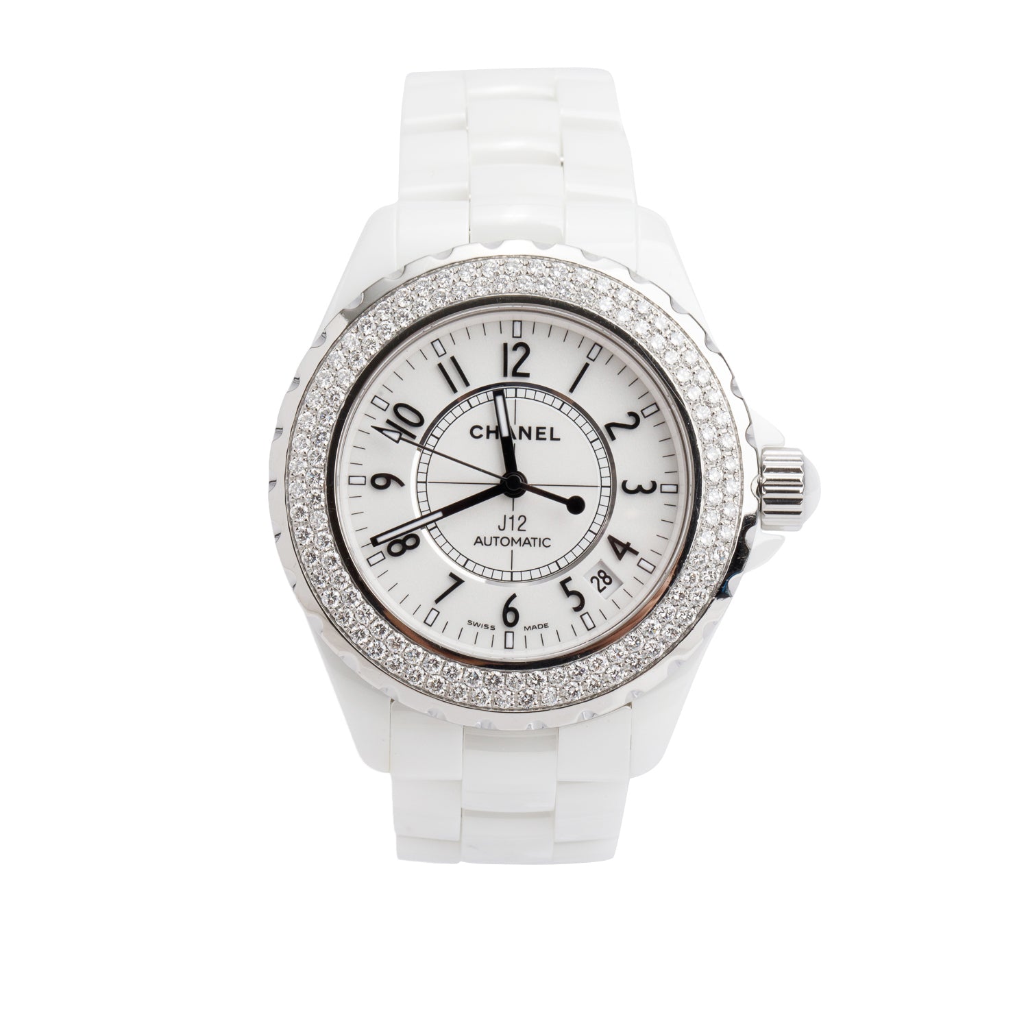 Chanel White Ceramic Diamond Bezel J12 38 MM Automatic Watch H0969