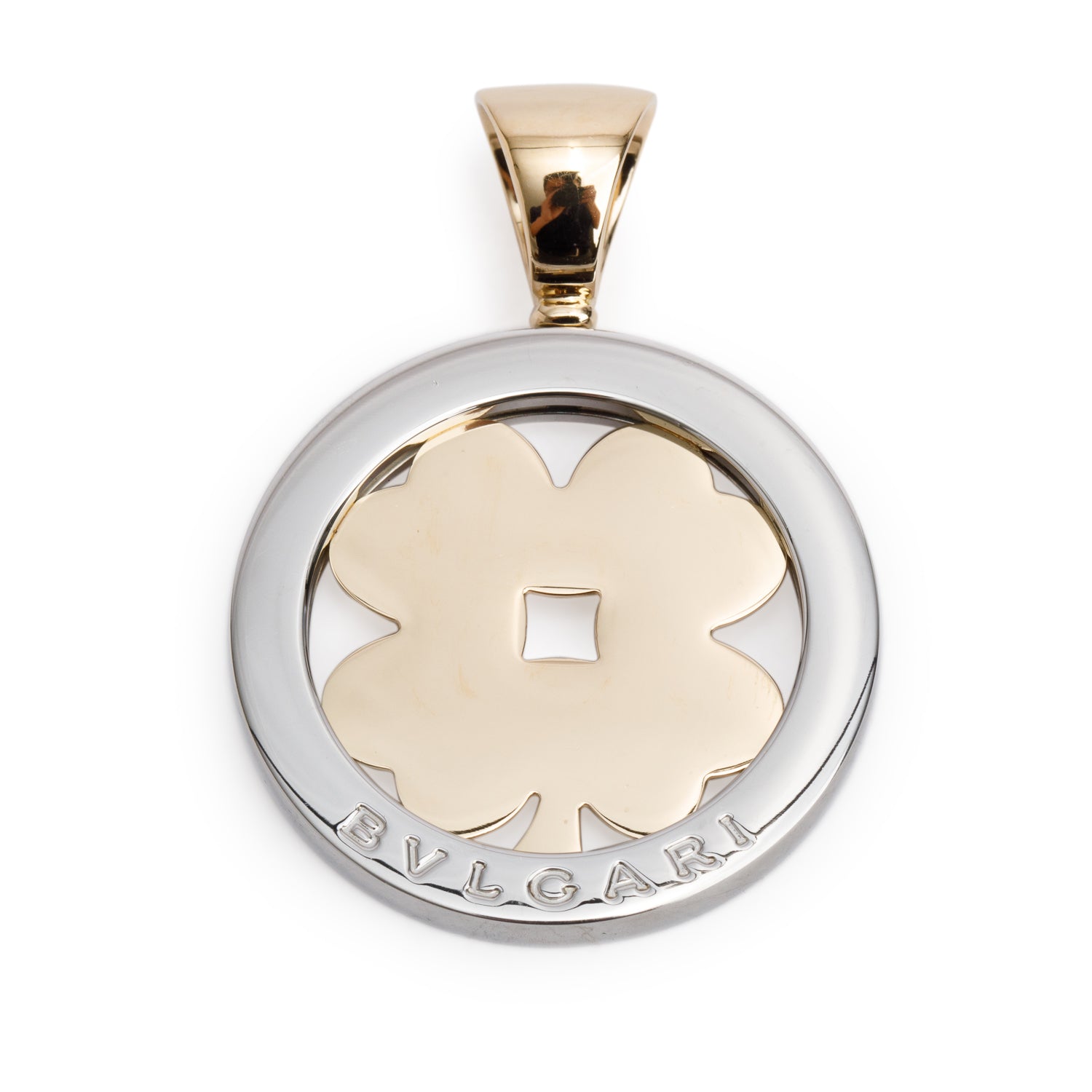 BVLGARI Stainless Steel & 18k Yellow Gold Tondo Four Leaf Clover Pendant w/ Box