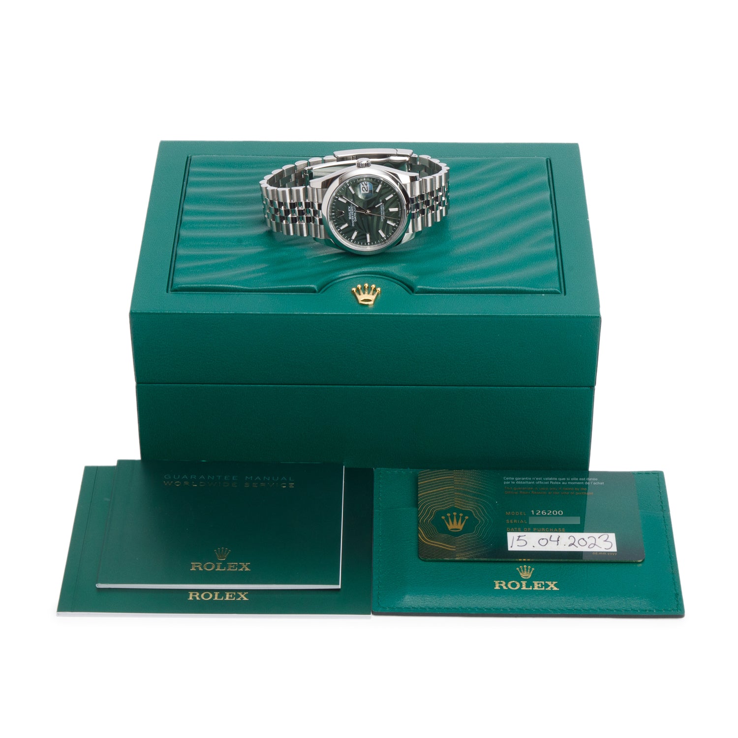 Rolex 2023 Stainless Steel Datejust 36 MM Automatic Watch Green Palm Dial 126200 w/ Box & Papers