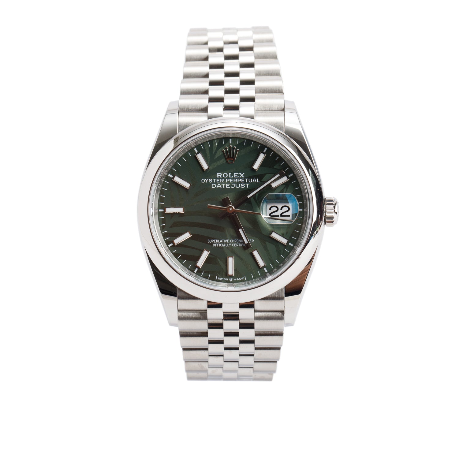 Rolex 2023 Stainless Steel Datejust 36 MM Automatic Watch Green Palm Dial 126200 w/ Box & Papers