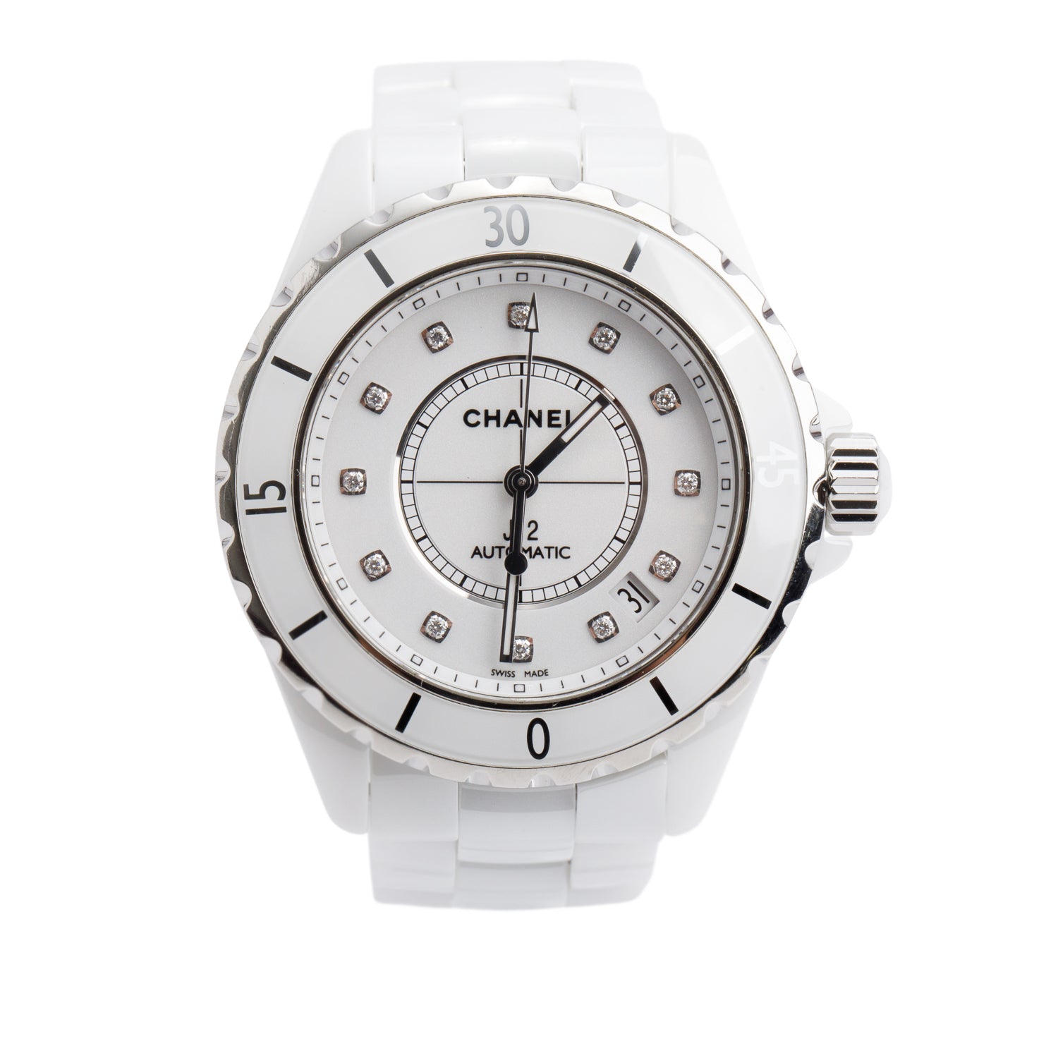 Chanel White Ceramic J12 38 MM Automatic Watch Diamond Dial