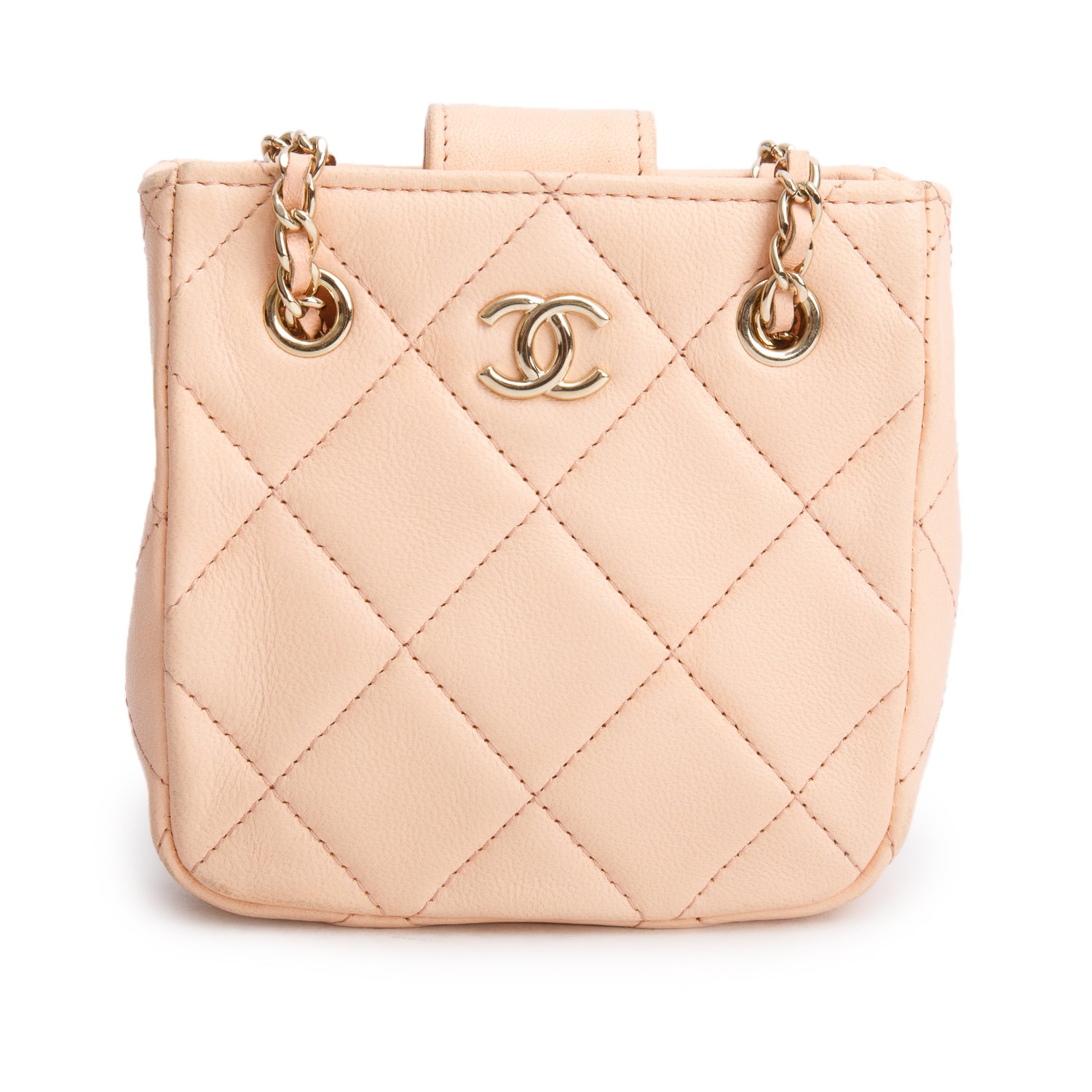Chanel 2021 Peach Lambskin Quilted Tiny Shopping Bag Clutch w/ Chain