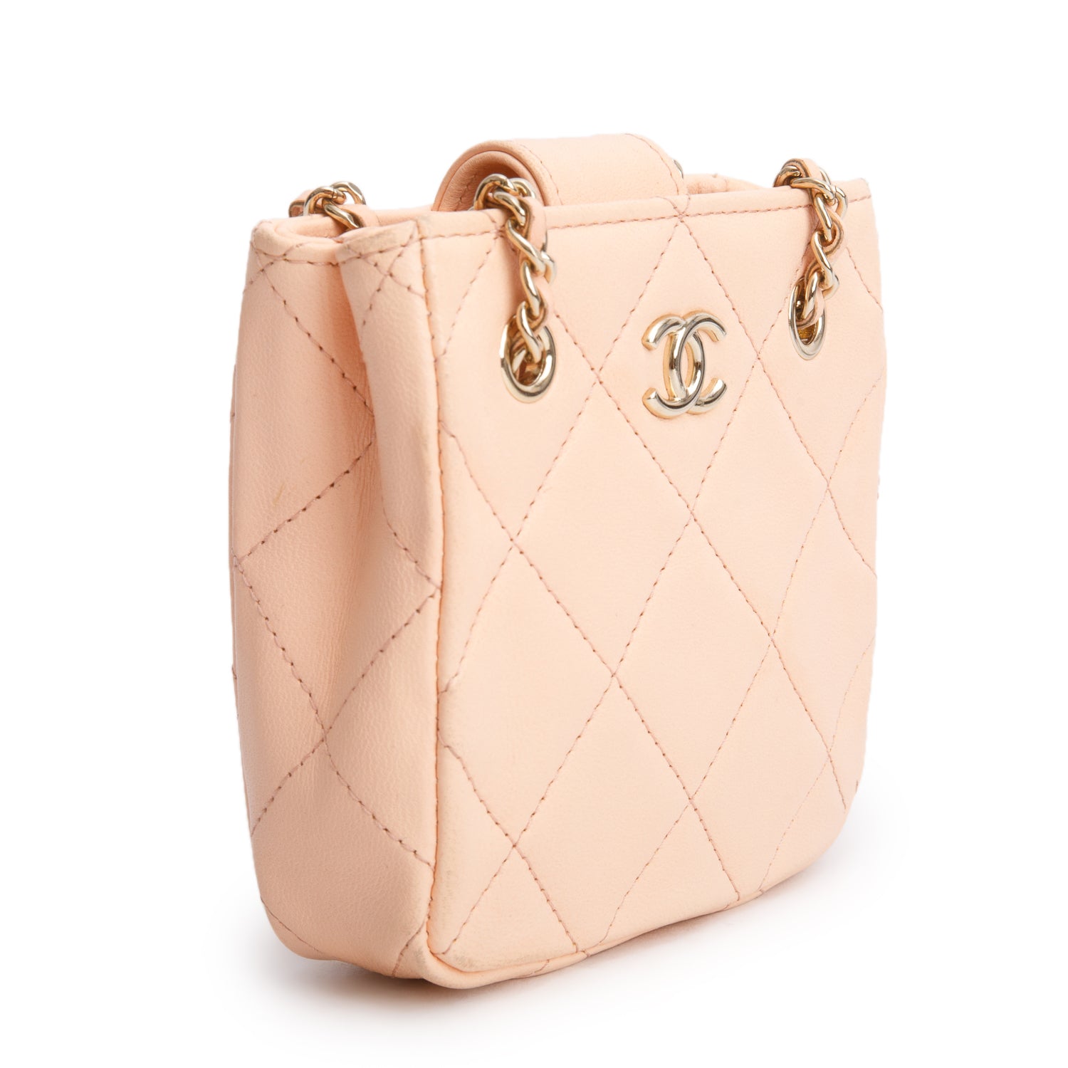 Chanel 2021 Peach Lambskin Quilted Tiny Shopping Bag Clutch w/ Chain