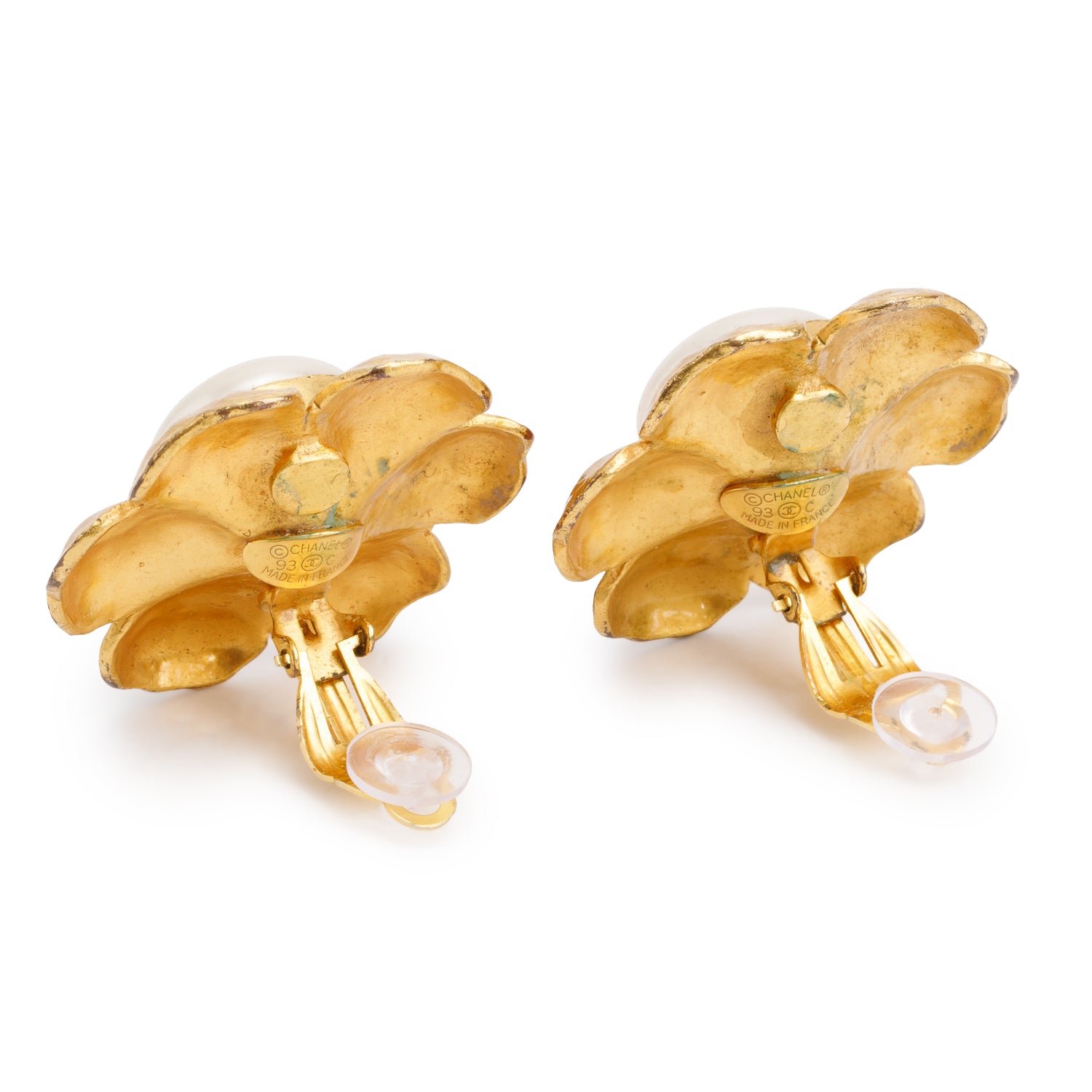 Chanel Vintage Gold Plated Faux Pearl Camellia Clip-On Earrings