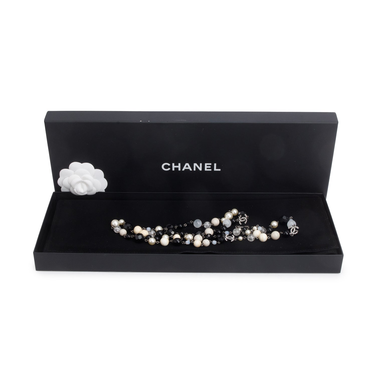 Chanel Ruthenium-Plated Faux Pearl & Resin Bead Strass CC Long Station Necklace w/ Box